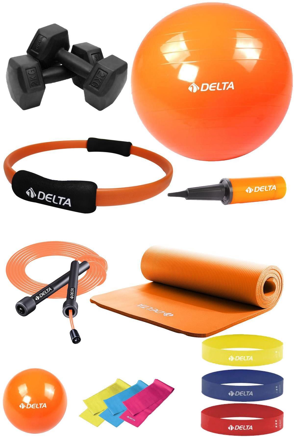 Delta 14 Parça Pilates Seti 85 Cm Topu 15 Mm Minderi Çemberi 6 Direnç & Squat Bandı 2 Kg Dambıl atlama ipi
