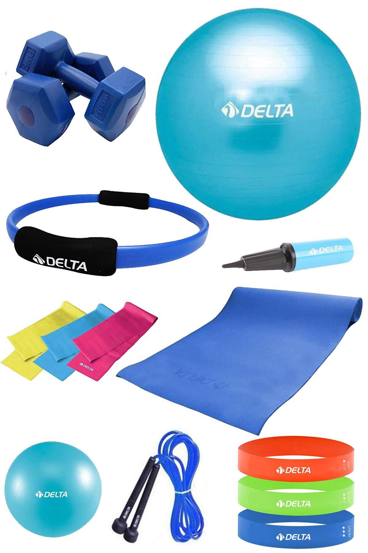 Delta Pilates Seti 65 Ana & 20 Cm Denge Topu 4 Mm Minderi Çemberi 3lü Direnç Bandı 2 Kg Dambıl atlama ipi