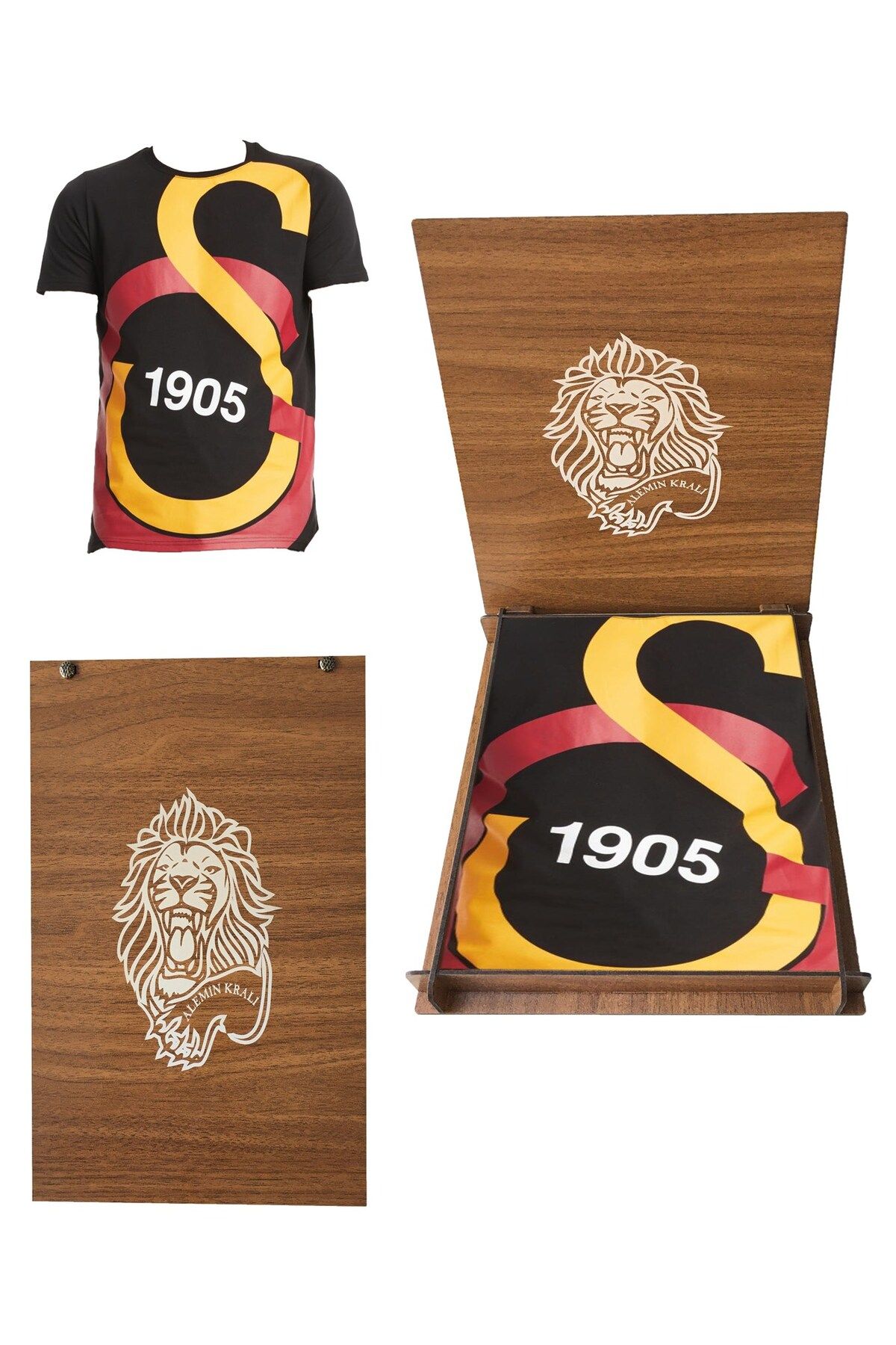 Galatasaray Lisanslı Siyah Büyük Logolu T-Shirt Hediye Aslan Ahşap Kutulu Unisex