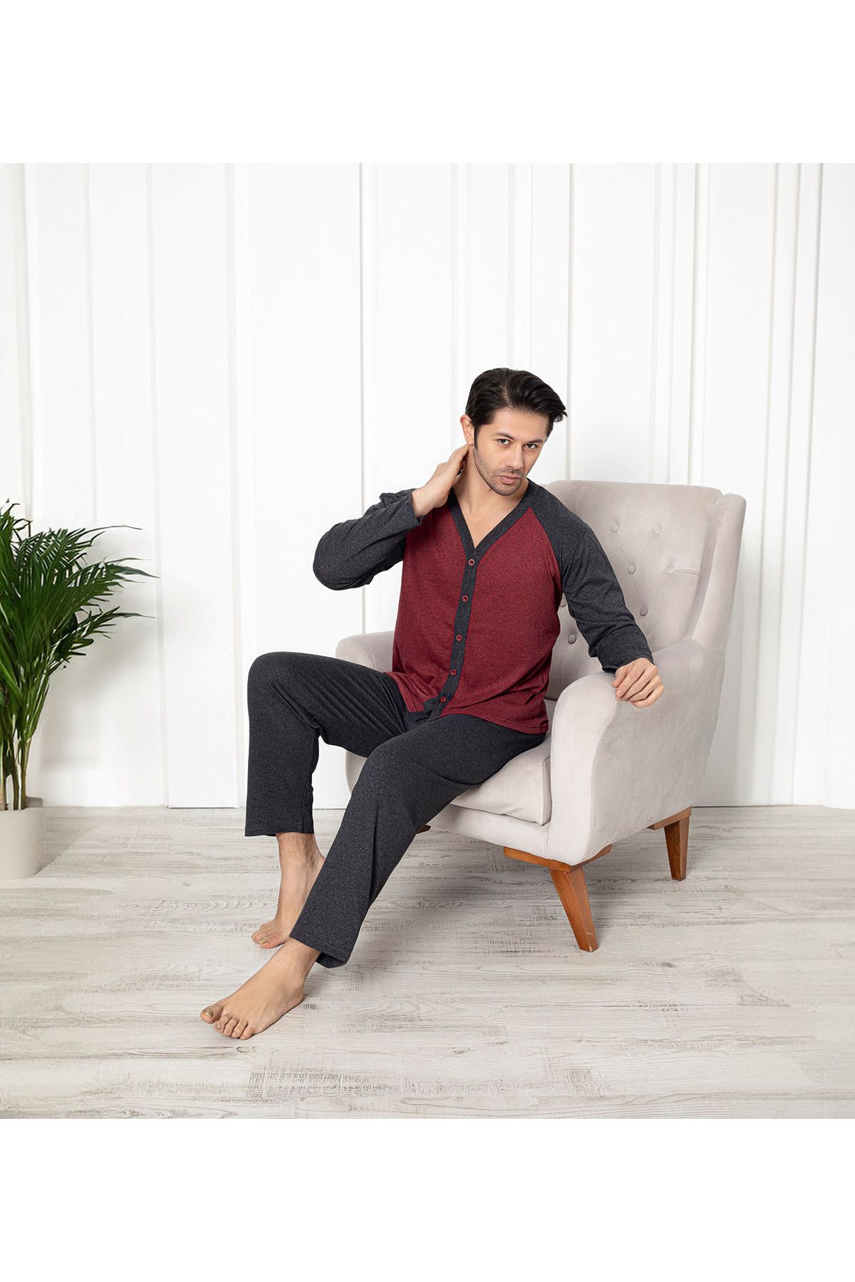 Sude HOMEWEAR Erkek Düğmeli Uzun Kol Pijama Takımı