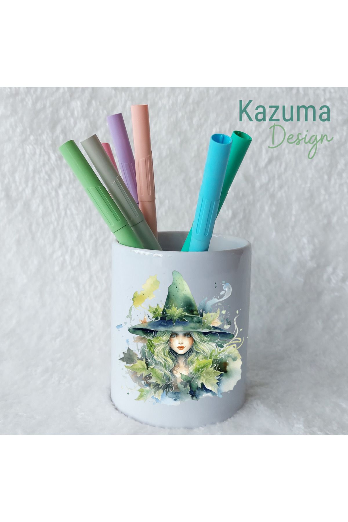 Kazuma Design Sihirbaz Kadın Basklı Seramik Kalemlik Masa Üstü Kalem Kutusu