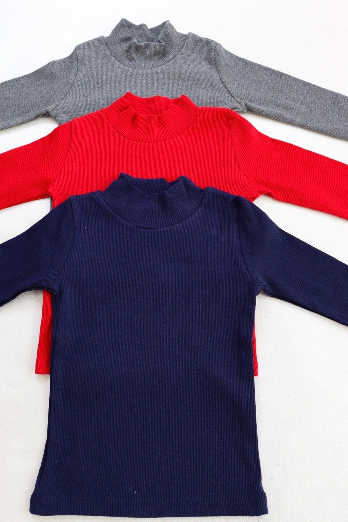 HARİKA KİDS Kız-Erkek Çocuk 3'lü Paket Basic Örme Yarım Balıkçı Yaka Kaşkorse Pamuklu Uzun Kollu Penye T-shirt