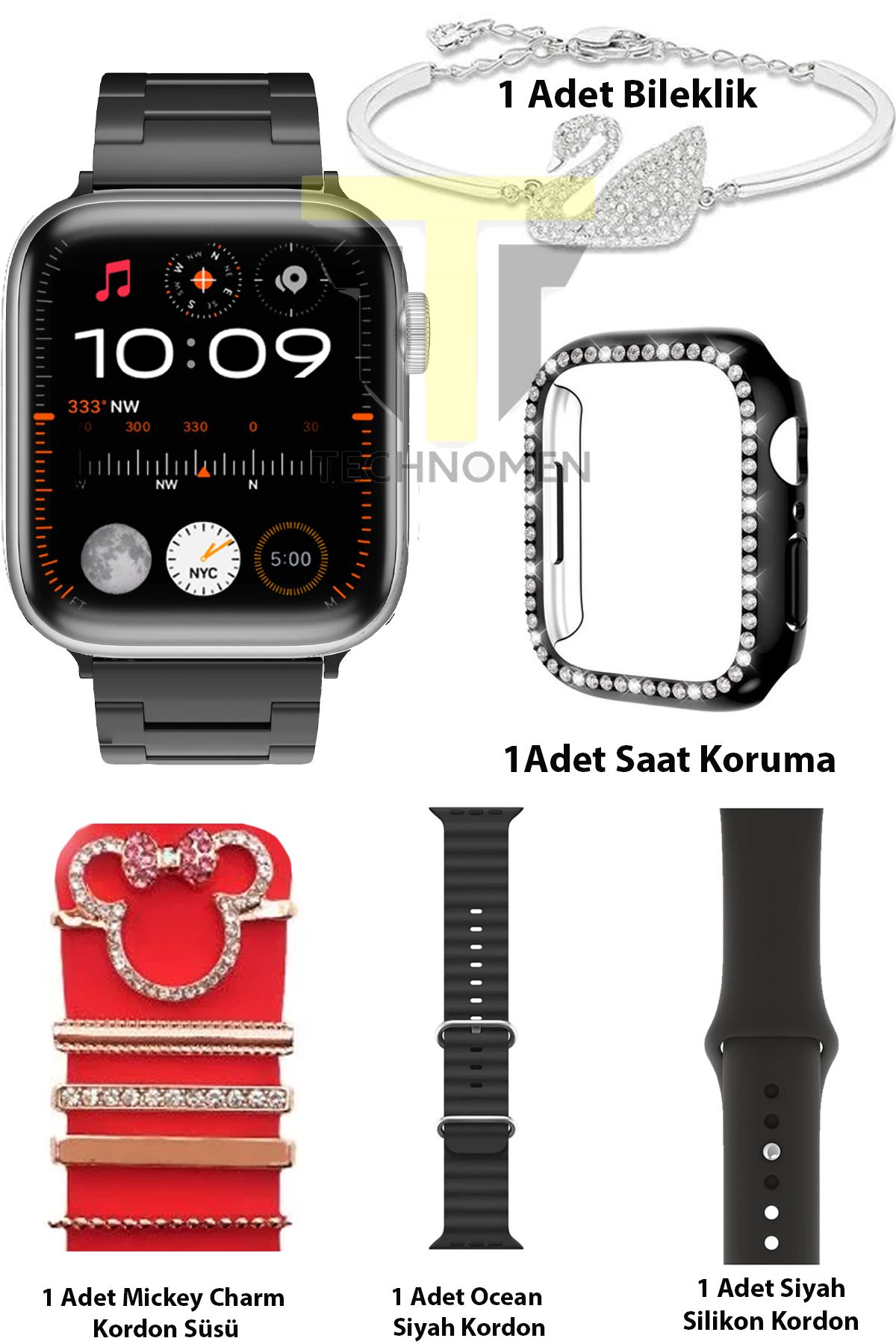 TECHNOMEN G9 Mini Plus Siyah Smart Watch 41 Mm 3 Kordon Mickey Charm Bileklik Hediyeli Akıllı Saat