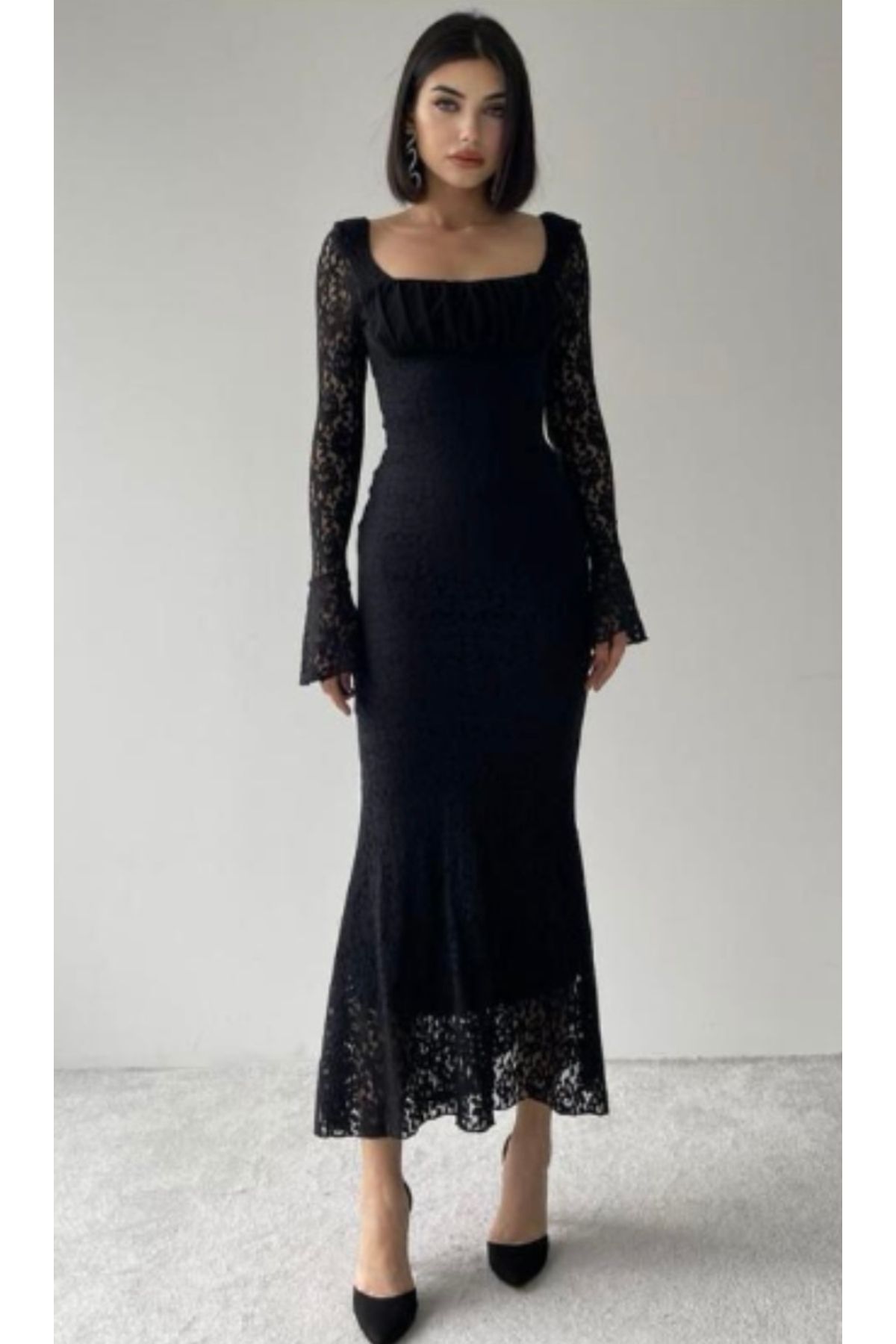 serkan Vintage tarz Elite Dantel Elbise - Siyah