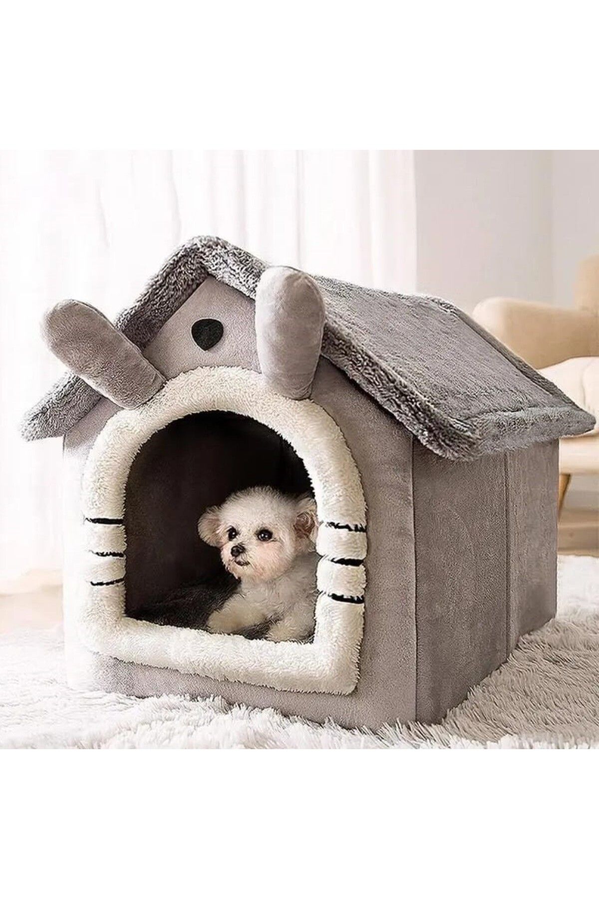 TİNEKE PETSHOP Klasik Model Kedi Evi Yumuşak Kedi Yatağı Derin Uyku Ve Kış Evi Çıkarılabilir Minder GRİ S BEDEN