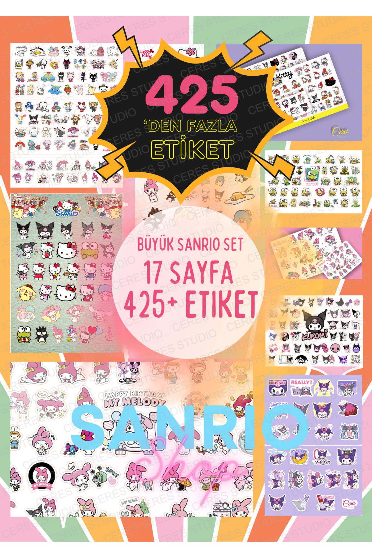 Ceres Studio Büyük Sanrio Sticker Set Hello Kitty Kuromi 17 Sayfa 425'den Fazla Sticker Etiket