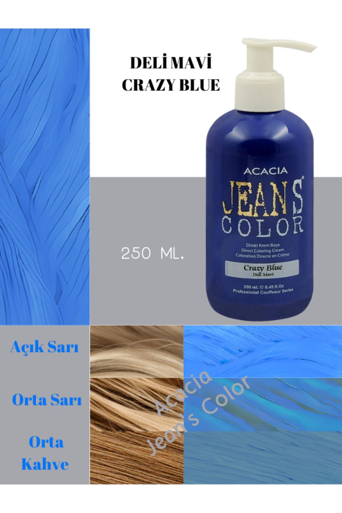 jeans color Amonyaksız Renkli Saç Boyası Deli Mavi 250ml. Kokusuz Su Bazlı Crazy Blue Hair Dye