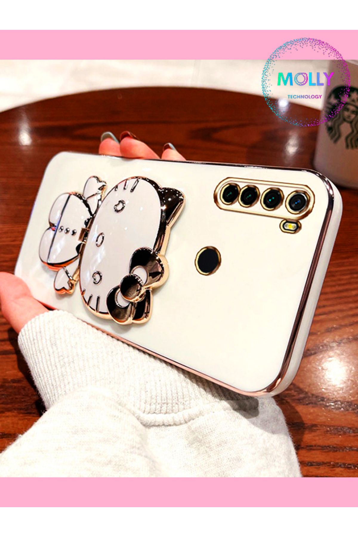 Molly Xiaomi Redmi Note 8 İçin İnci Beyazı Hello Kitty Standlı Kenarları Gold Detaylı Lüks Silikon Kılıf