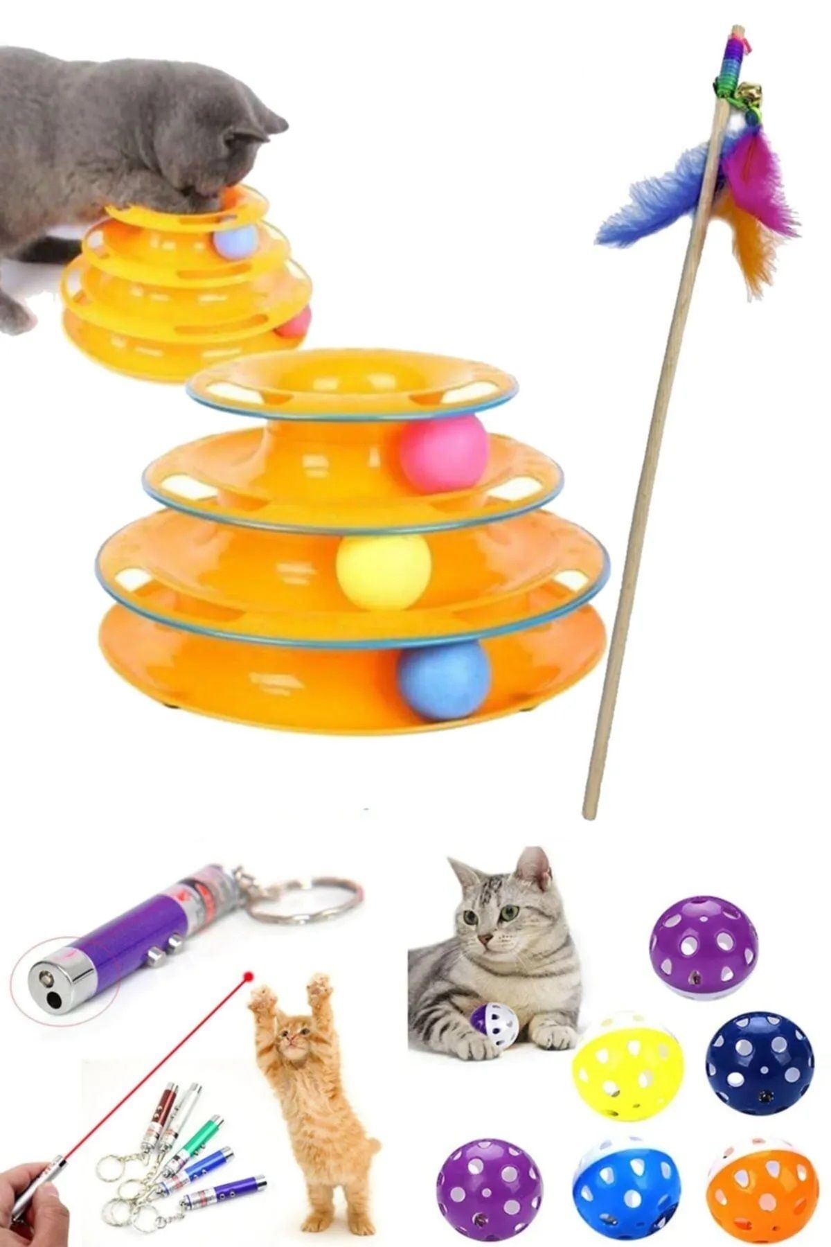 Petkit 4'lü Kedi Oyun Seti ;3 Katlı Oyuncak + Tüylü 50 Cm Olta+ Lazer Ve Çıngıraklı Top (3 ADET)