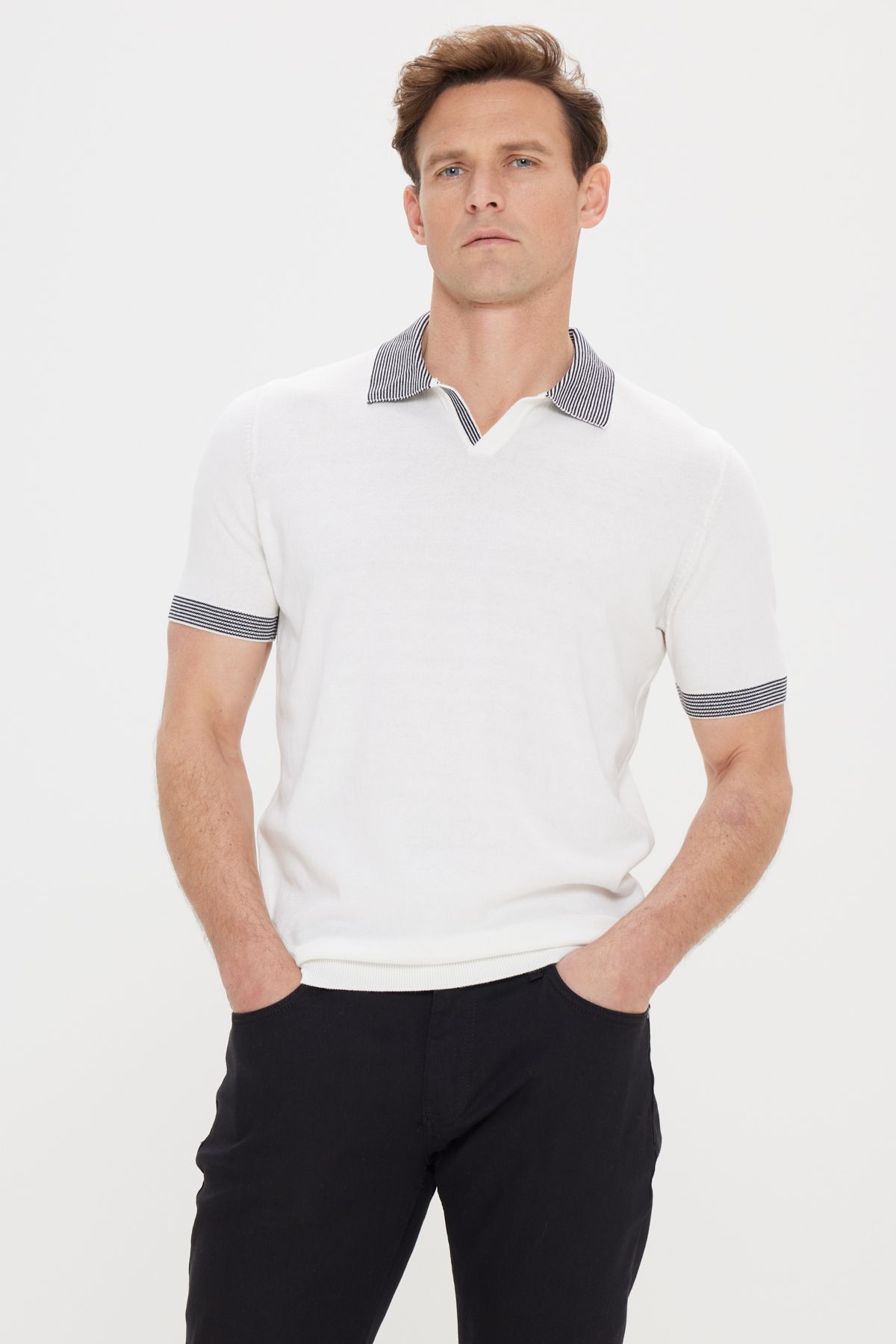 AC&Co / Altınyıldız Classics Erkek Ekru Standart Fit Normal Kesim Polo Yaka %100 Pamuk Triko Tişört