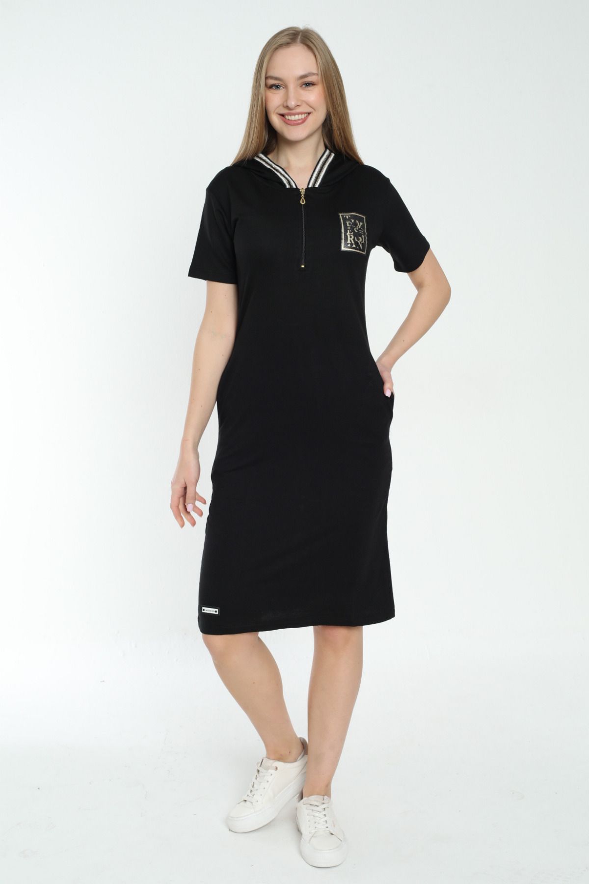 İntensive kadın siyah kapüşonlu fermuarlı şerit detaylı kısa kollu iki iplik elbise