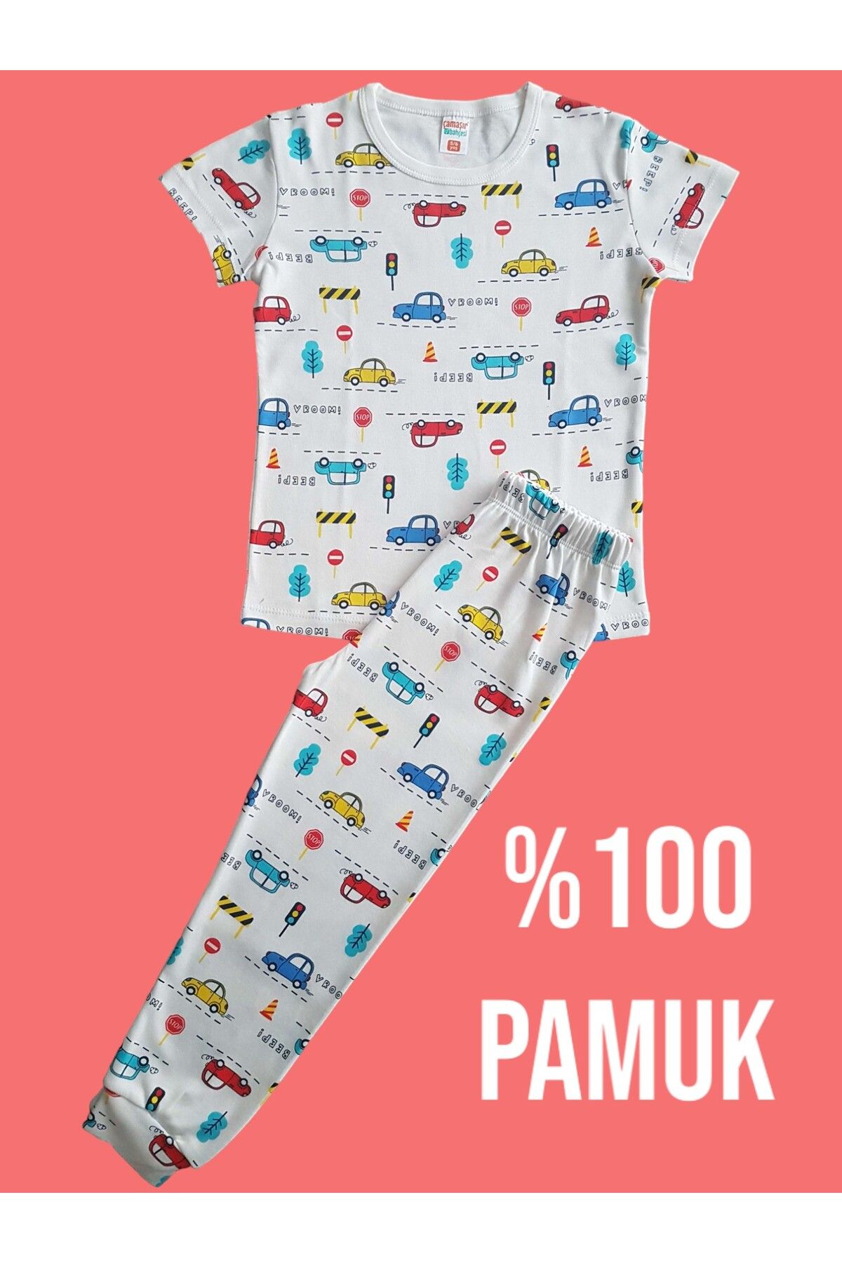 Çamaşır Bahçesi Kısa Kollu Desenli Çocuk Pijama Takım #baskılıçocukpijamatakım #arabadesenlipijama #çamaşırbahçesi