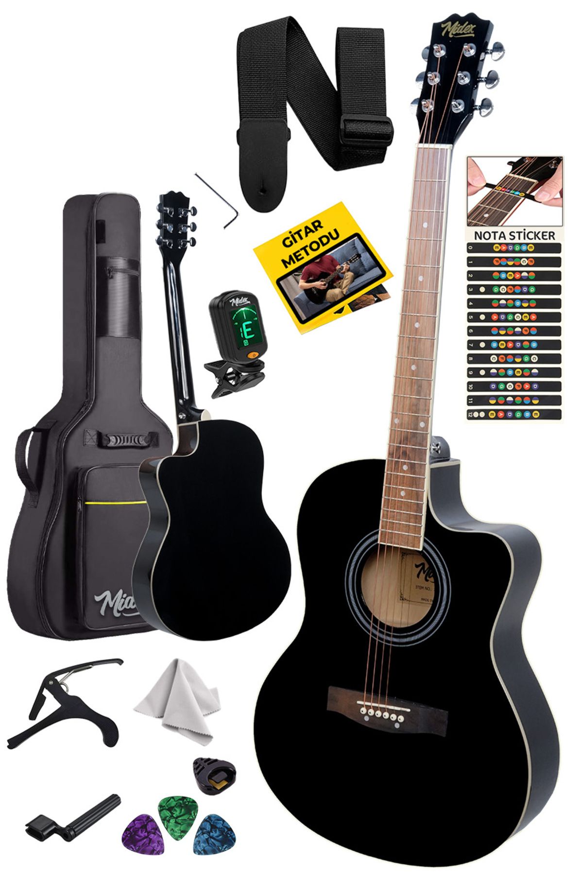 Midex Xc-200bk Kesik Kasa Siyah Akustik Gitar 4/4 Yetişkin Boy (STAND ÇANTA TUNER CAPO ASKI PENA)
