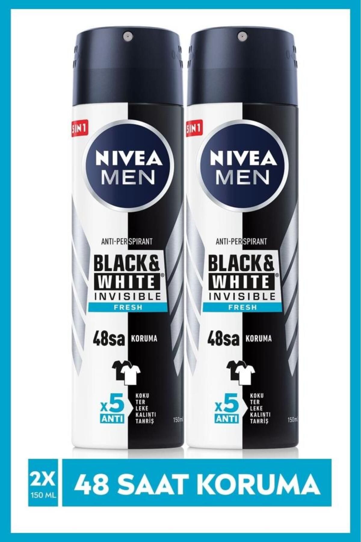NIVEA MEN Erkek Sprey Deodorant Invisible Black&White Fresh 150mlx2Adet, 48 Saat Anti-Perspirant Koruma