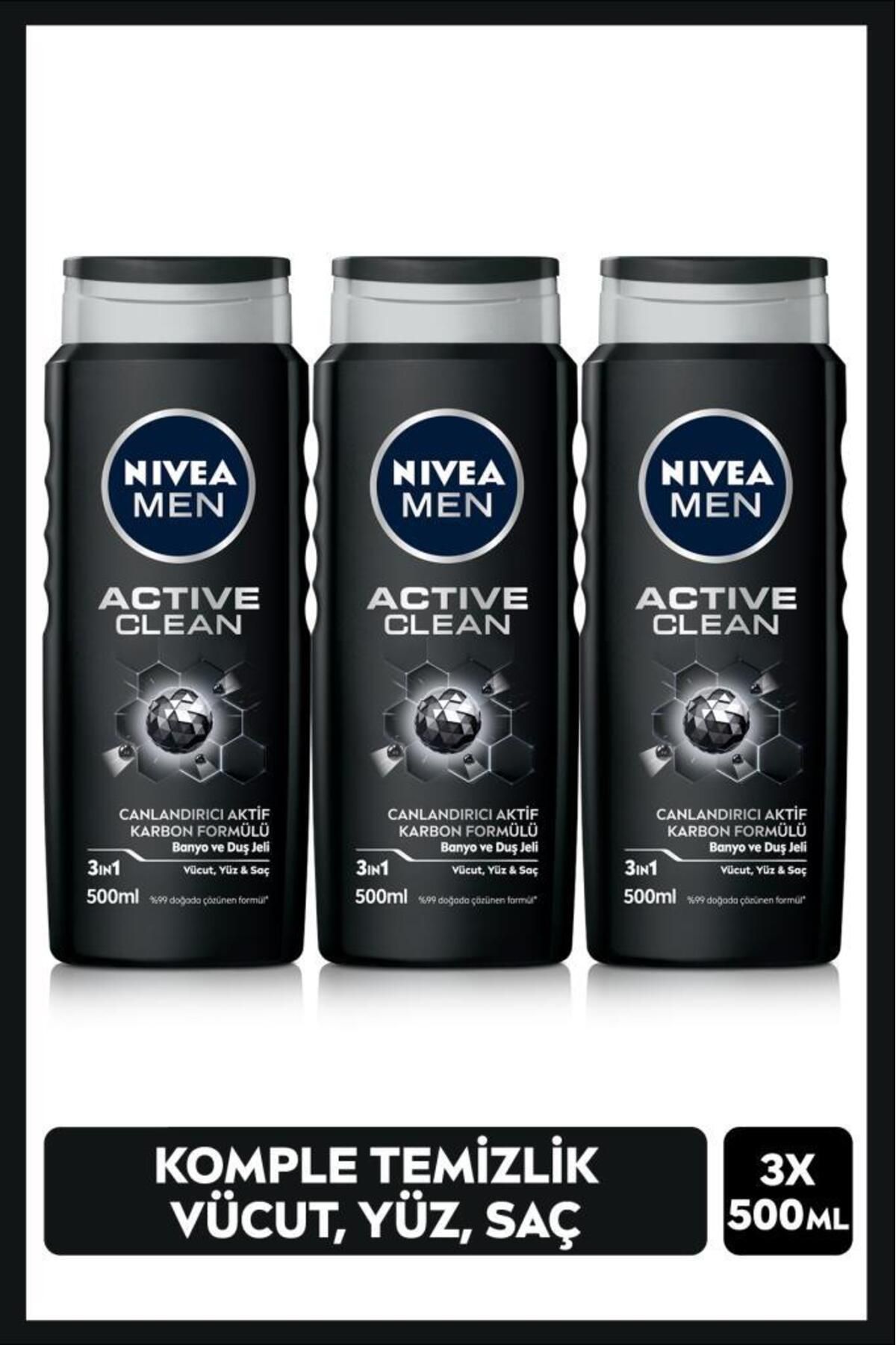 NIVEA MEN Erkek Duş Jeli Active Clean500mlx3adet, Vücut ,Yüz ve Saç Bakımı