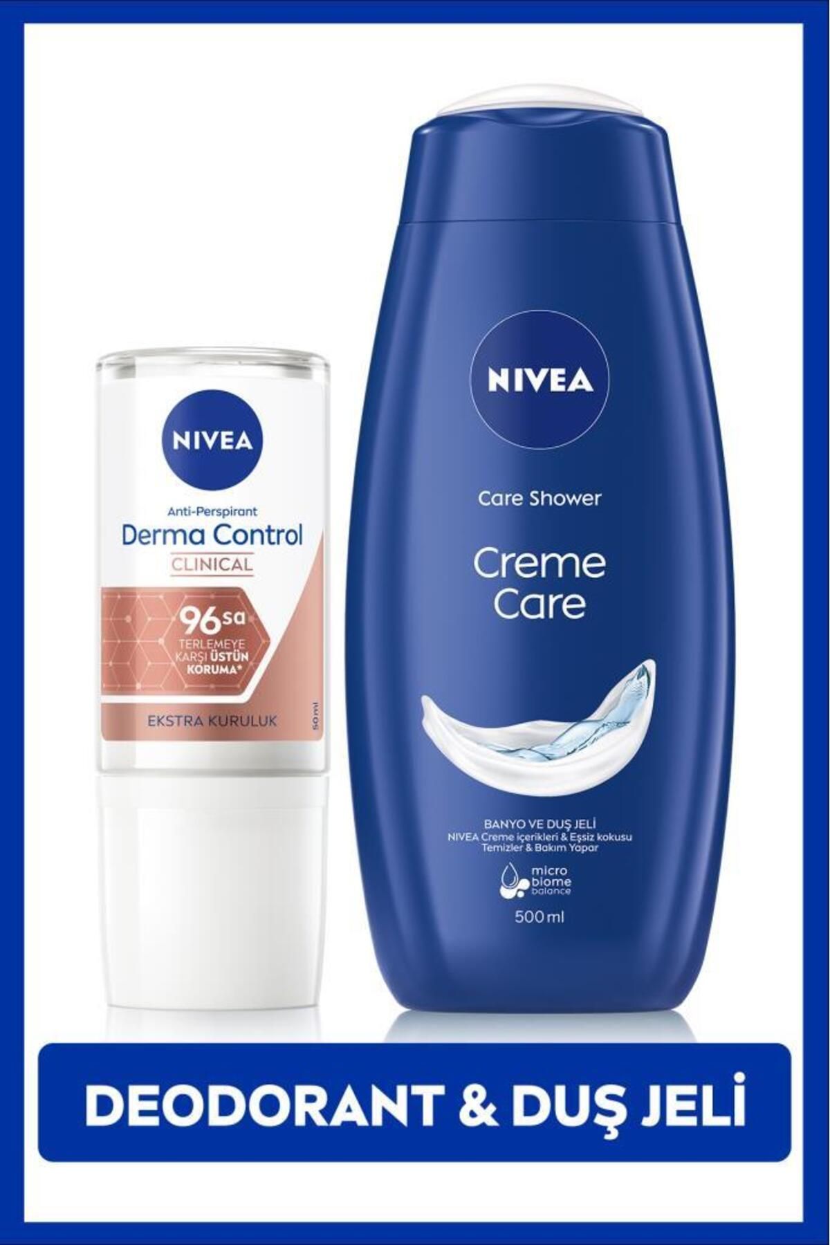 NIVEA Kadın Roll-on Deodorant Derma Control Clinical 50ml ve Creme Care Nemlendirici Duş Jeli 500ml