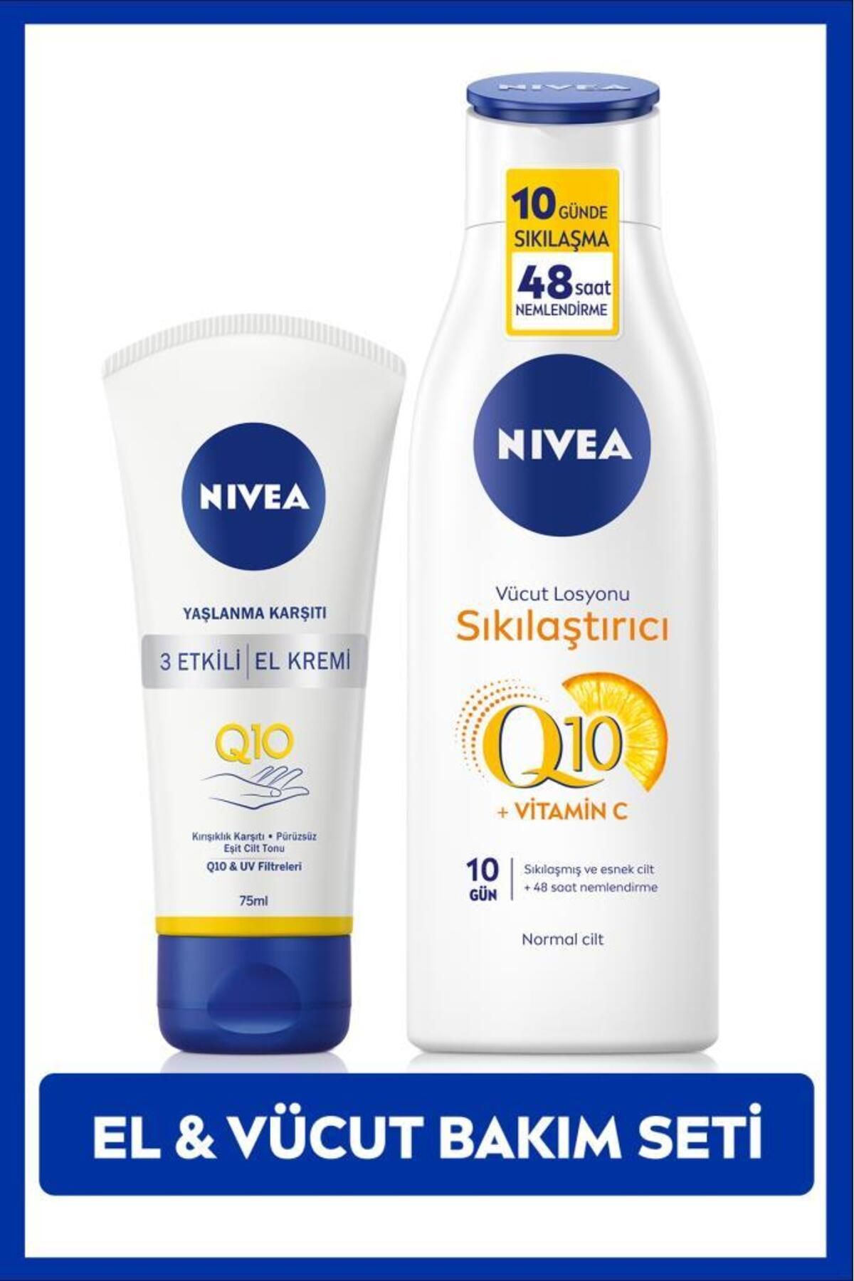 NIVEA Q10 Ve C Vitamini Sıkılaştırıcı Vücut Losyonu 250ml Ve Yaşlanma Karşıtı El Kremi 75ml