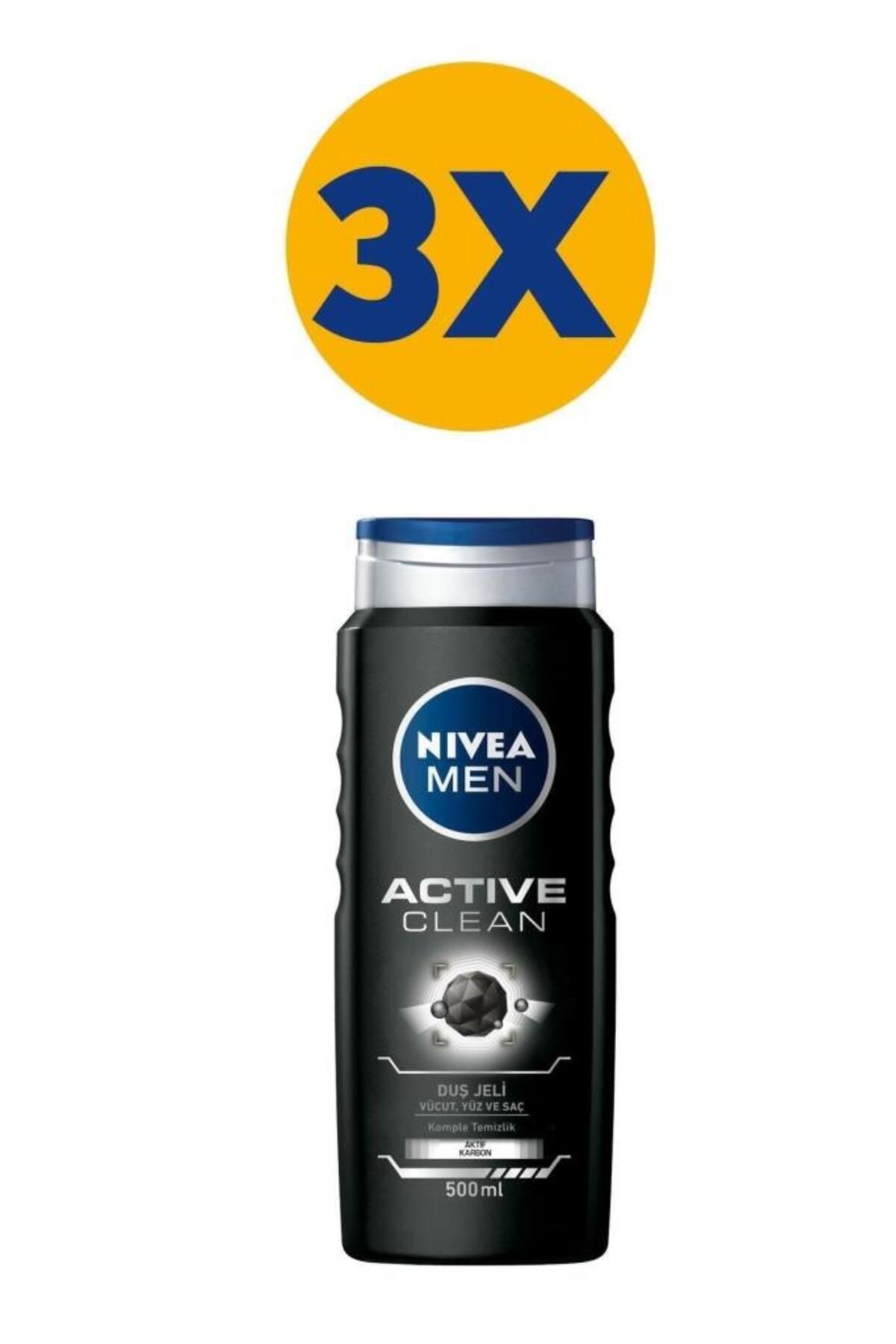 NIVEA MEN Erkek Duş Jeli Active Clean 500ml, Saç Yüz Vücut, 24 Saat Ferahlık, Aktif Karbon, Erkeksi Koku