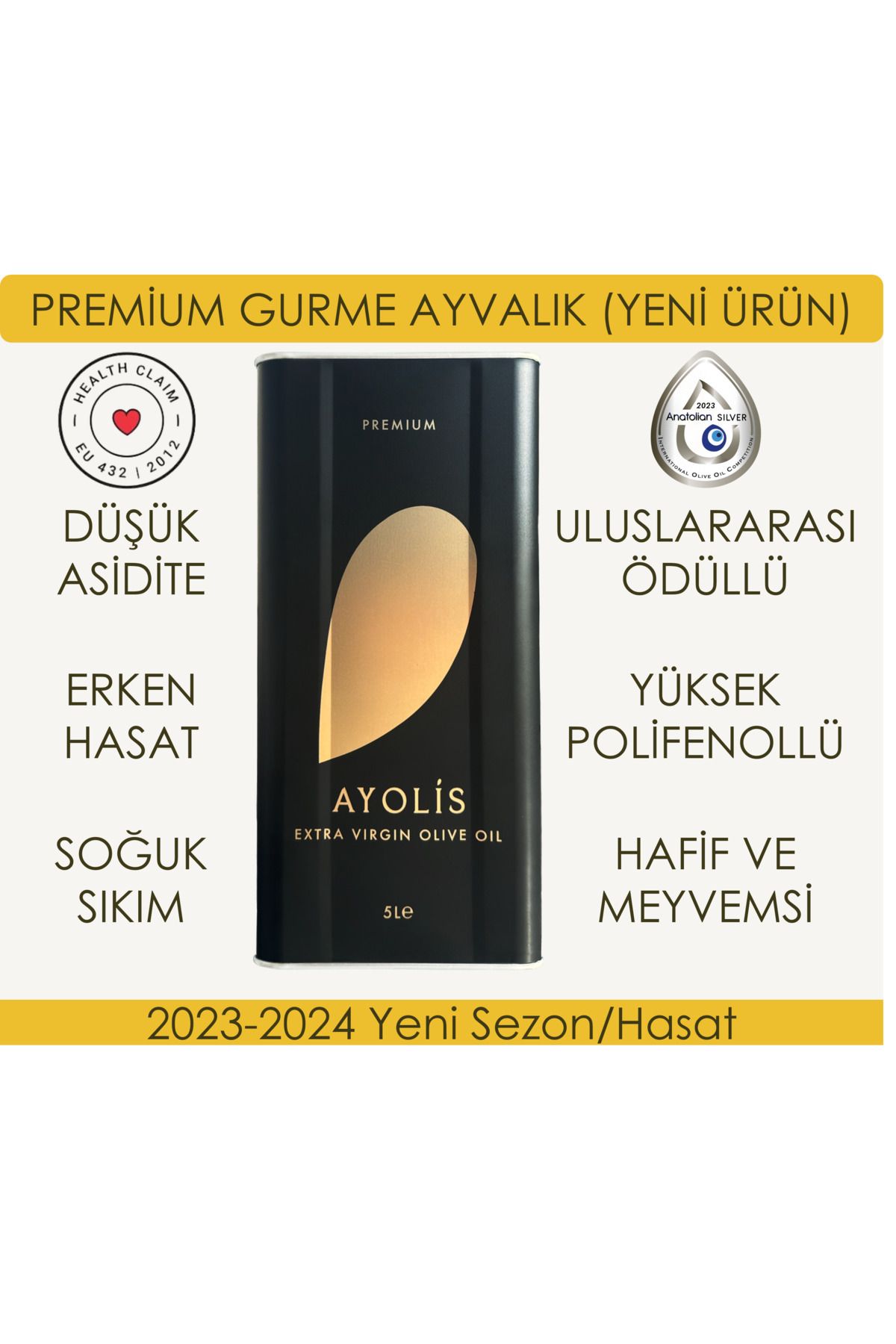 Ayolis Premium Gurme Ayvalık 5 Lt Yüksek Polifenollü Erken Hasat Soğuk Sıkım Natürel Sızma Zeytinyağı