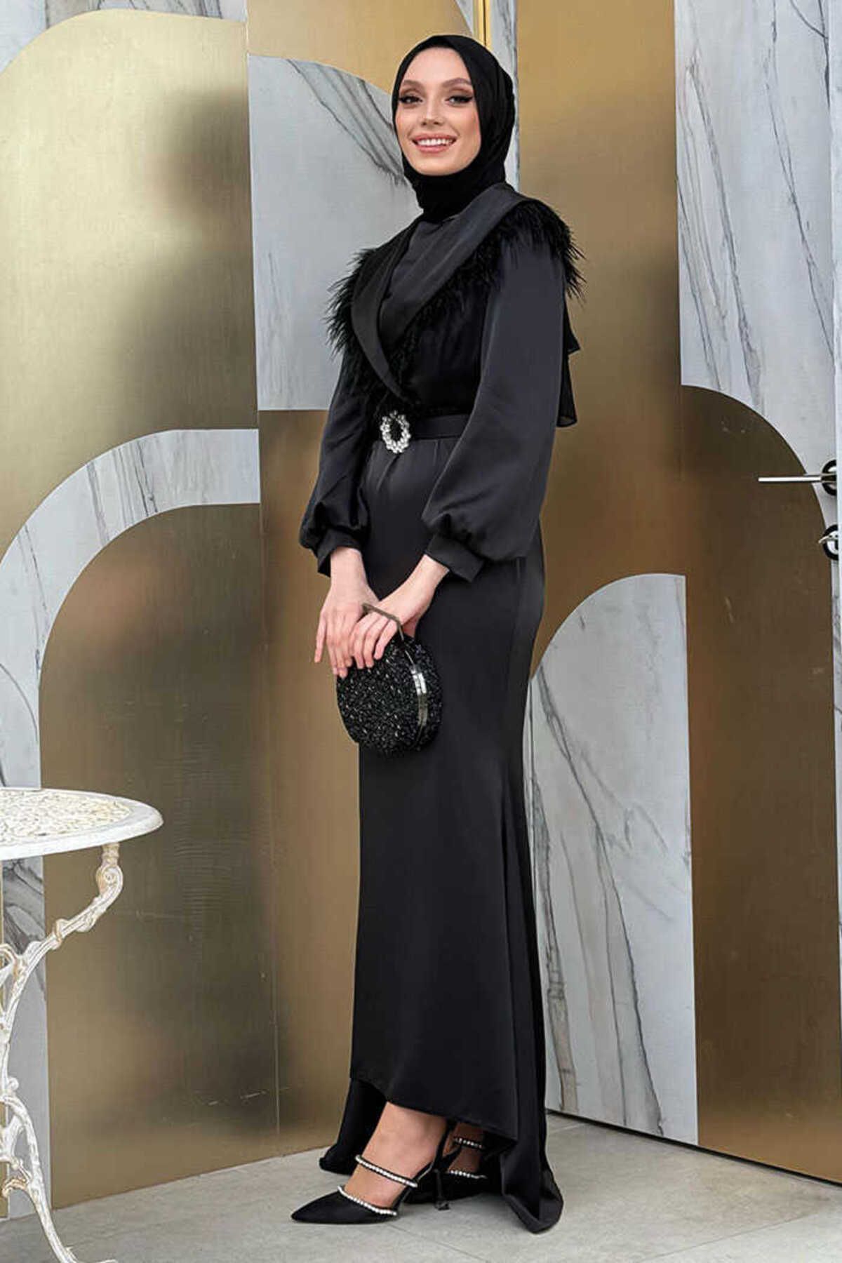 Bym Fashion Tüylü Kuyruklu Kemer Aksesuarlı Saten Abiye Elbise 3869 Siyah