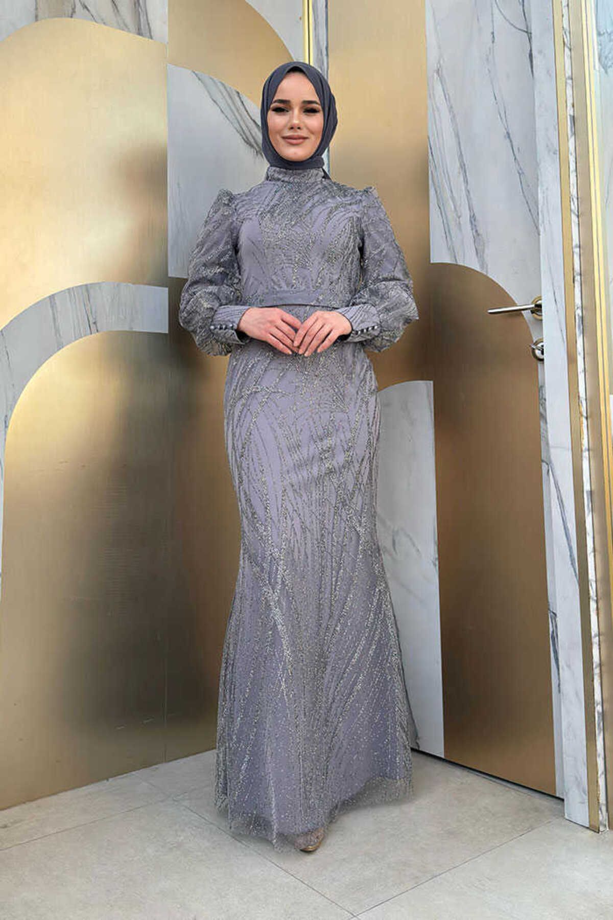 Bym Fashion Desenli Bel Kemerli Balık Abiye Elbise 1139 Gri
