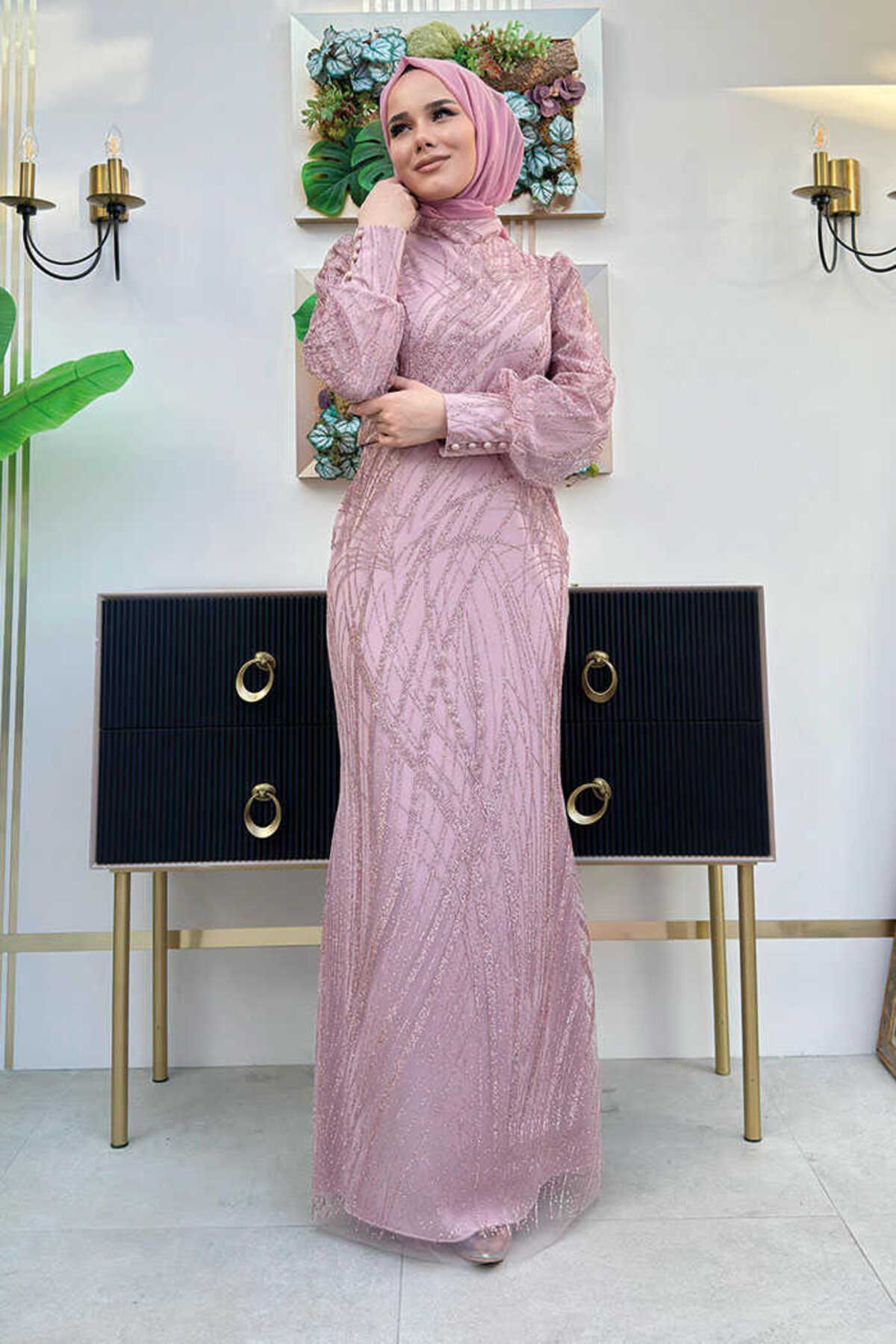 Bym Fashion Desenli Bel Kemerli Balık Abiye Elbise 1139 Gül Kurusu