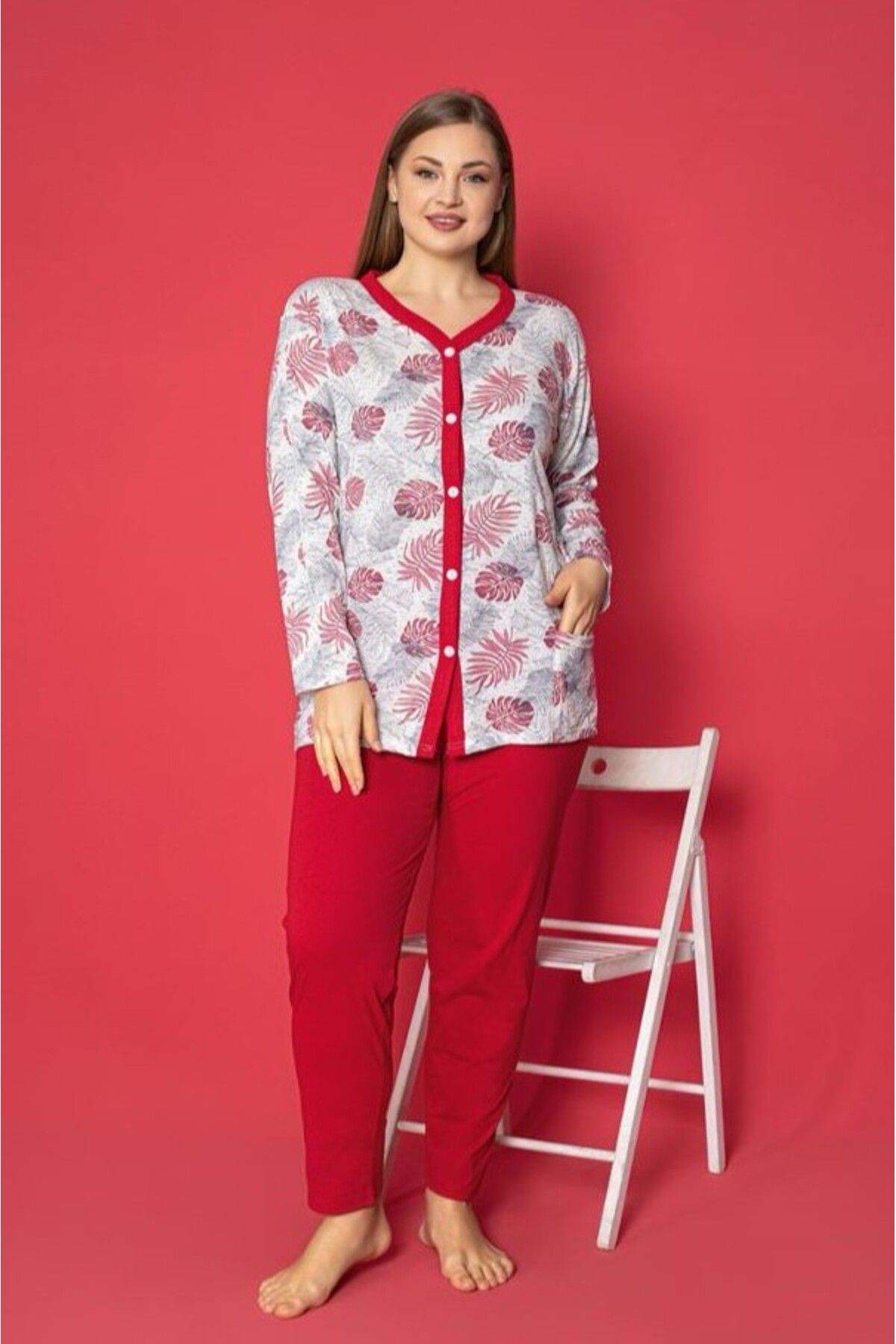 Farya Home X-Dreamy Büyük Beden Pamuklu Cepli Çiçekli Önden Düğmeli Pijama Takımı