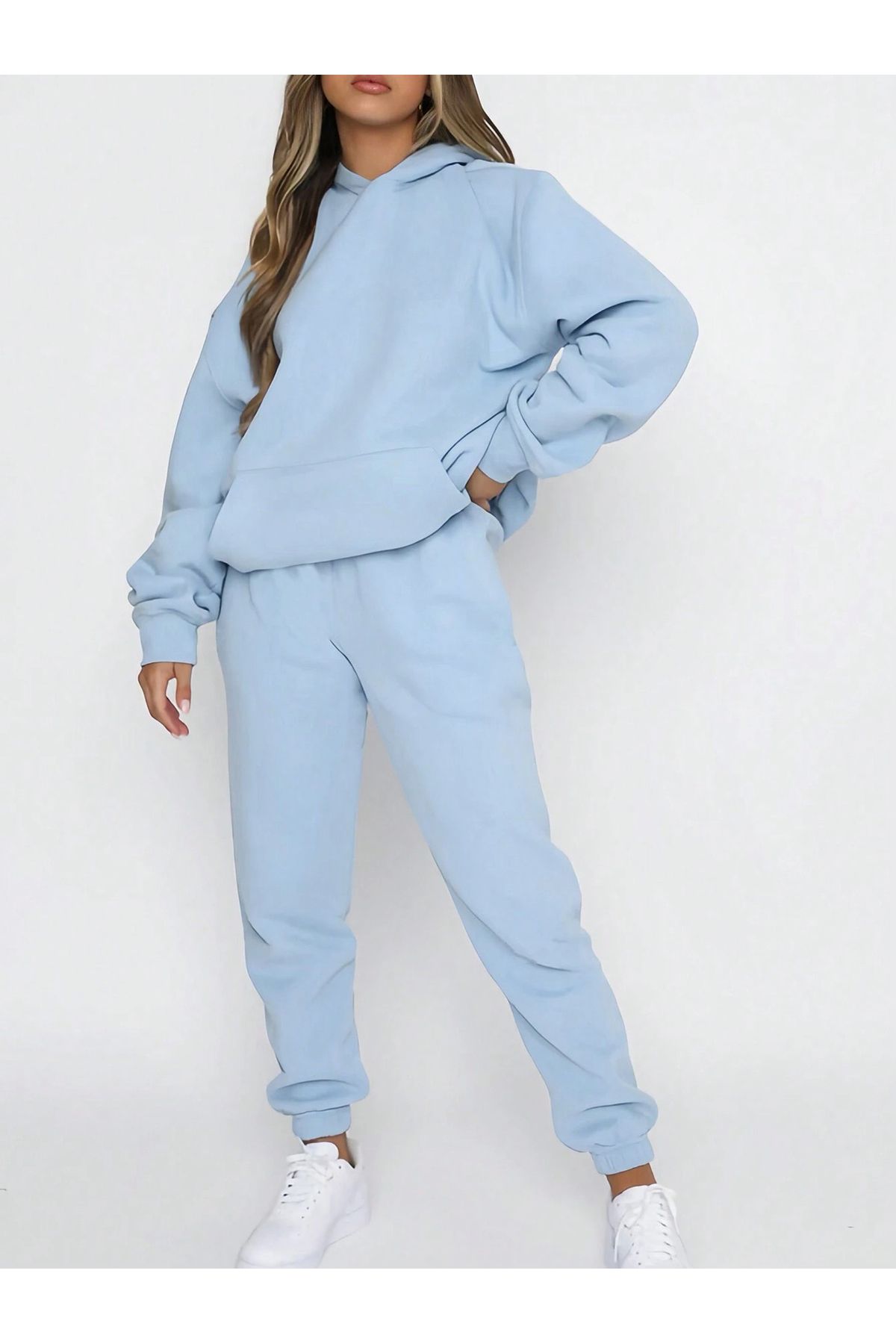 DUBU BUTİK Basic Düz Eşofman Takımı Sweatshirt Jogger - Bebe Mavi Oversize Şardonlu Kapüşonlu