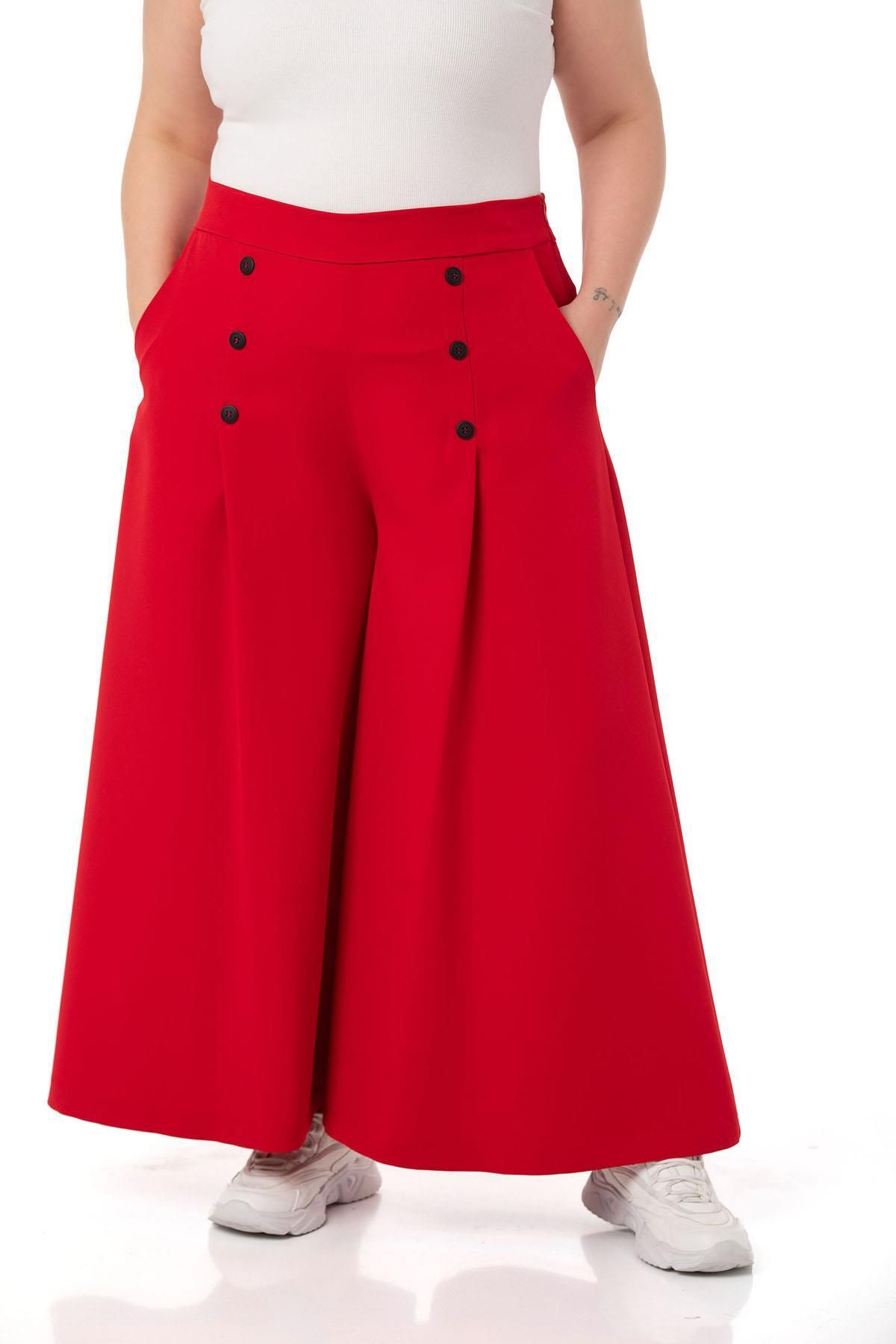 DISENTIS MODEST Büyük Beden Düğme Detaylı Geniş Paça Fermuarlı Kırmızı Pantolon