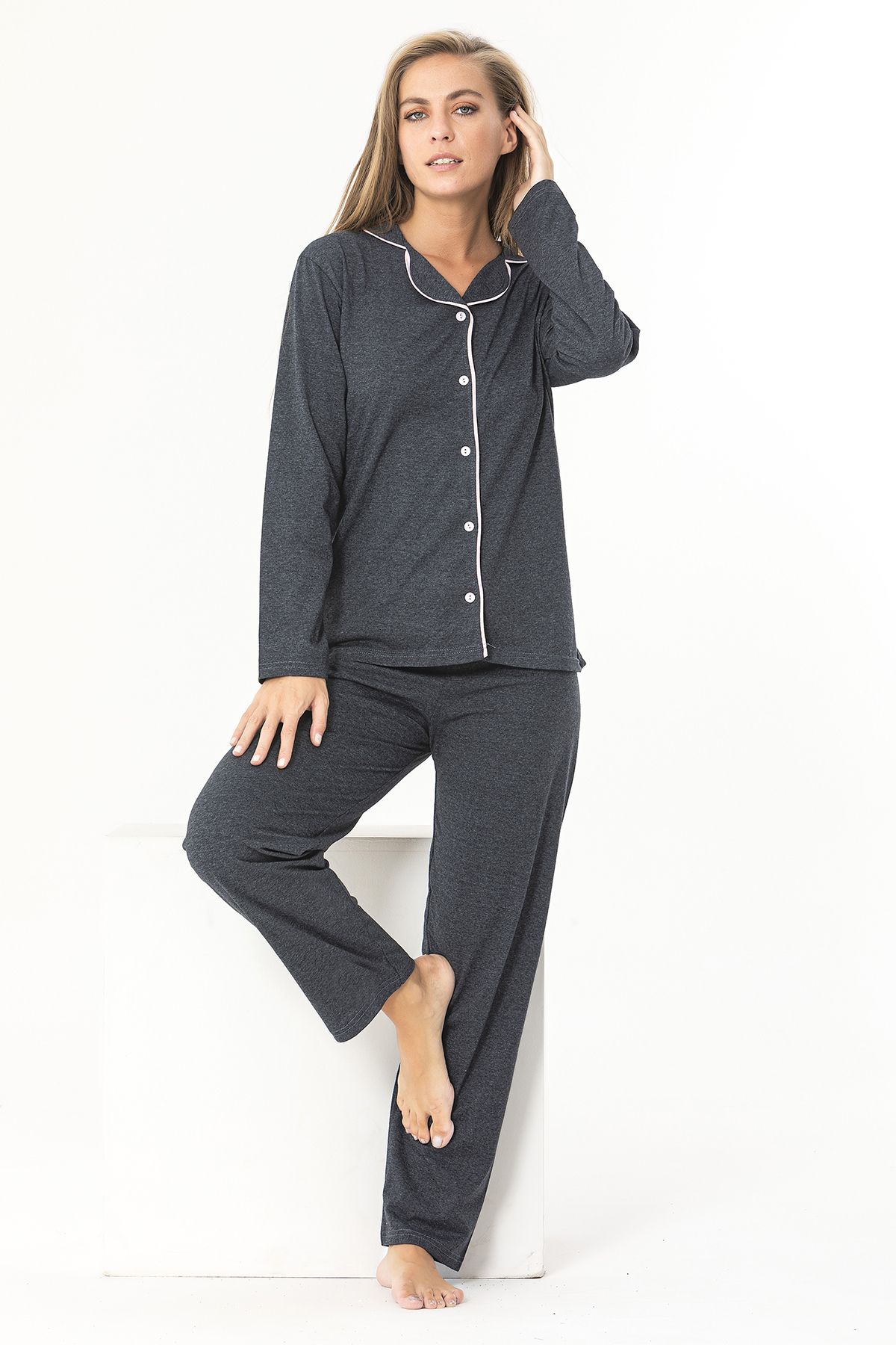 Sude HOMEWEAR Gömlek Uzun Kol Antrasit Pijama Takımı