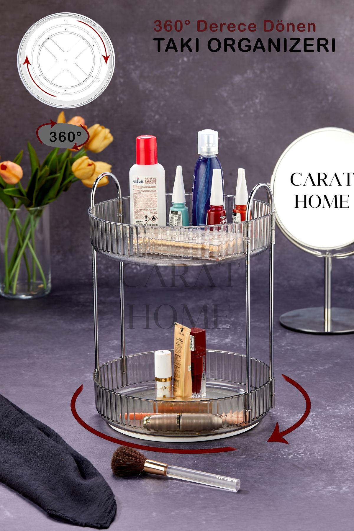 Carat Home 360 Derece Dönen Kozmetik Takı Düzenleyici Çok Amaçlı Organizer Makyaj Organizeri Banyo Organizeri