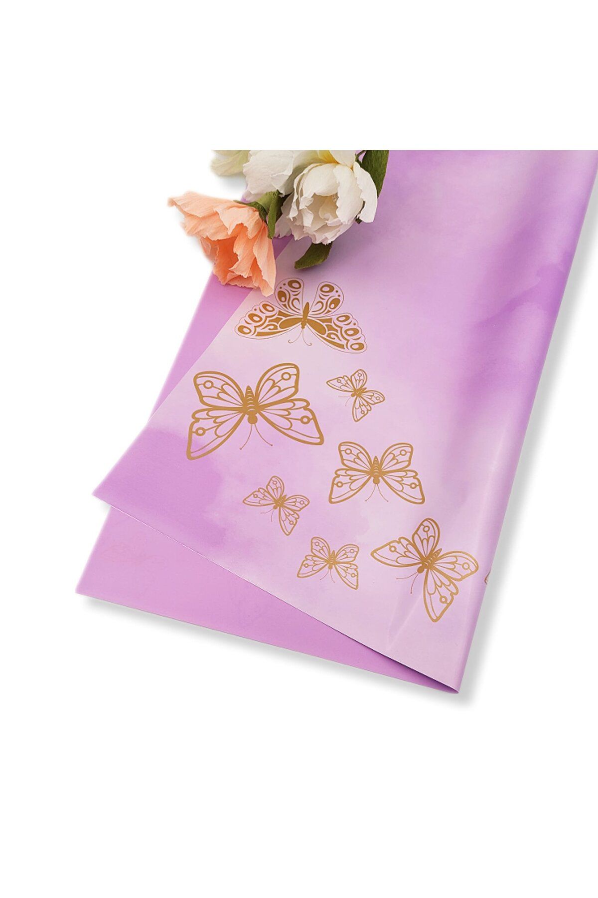 roco paper Çiçek Ambalaj Kağıdı - Lila - Altın Kelebekli - Mat OPP 58x58 cm - 20 Adet