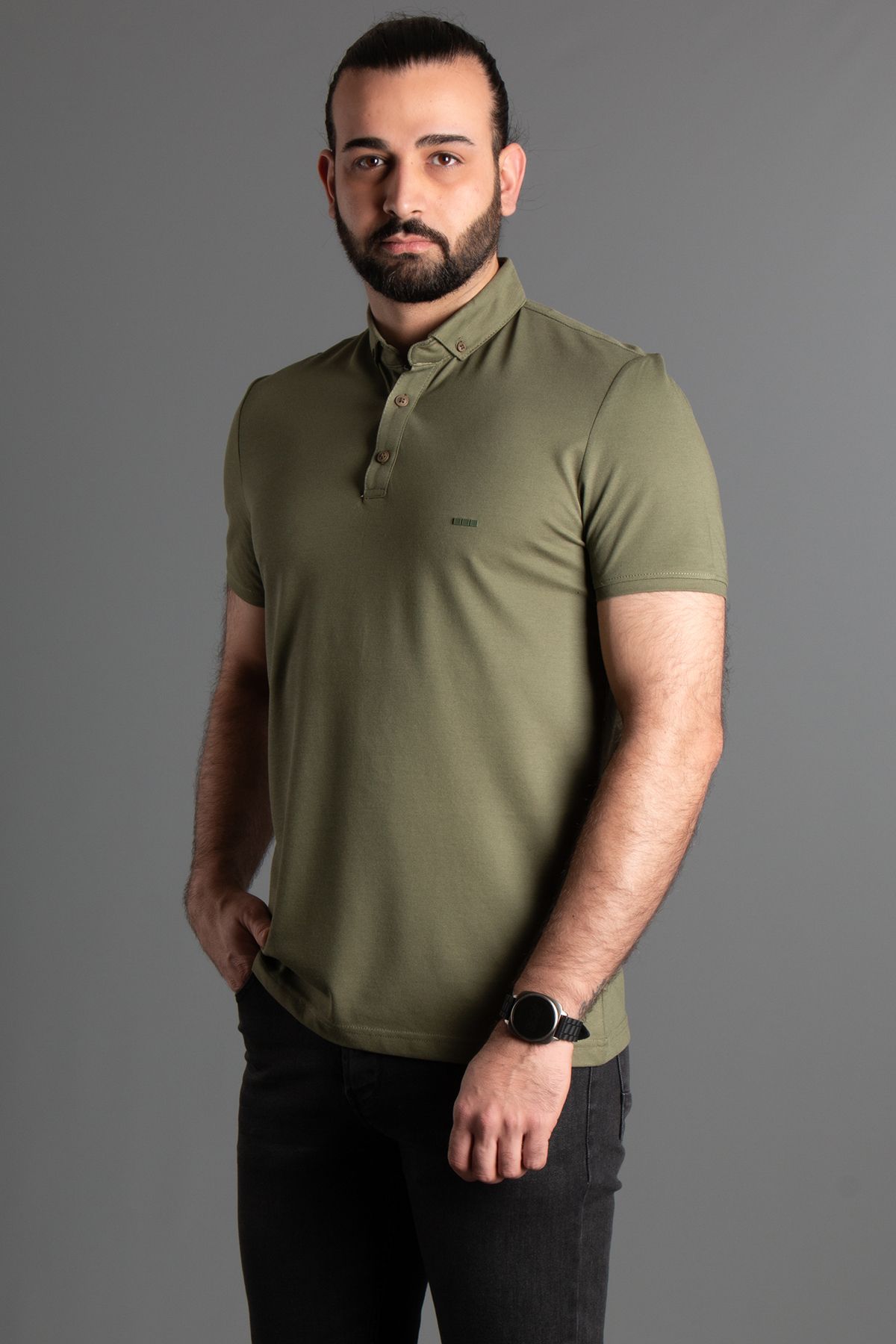 ZEKİ ÖZER Erkek Haki Dokulu Düğmeli Polo Yaka T-shirt