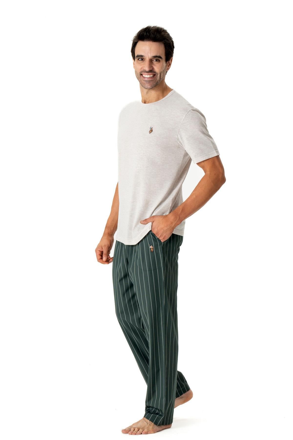U.S. Polo Assn. U.S. Polo Assn. Erkek Pijama Takım, Alt Çizgili Üst Düz Renk