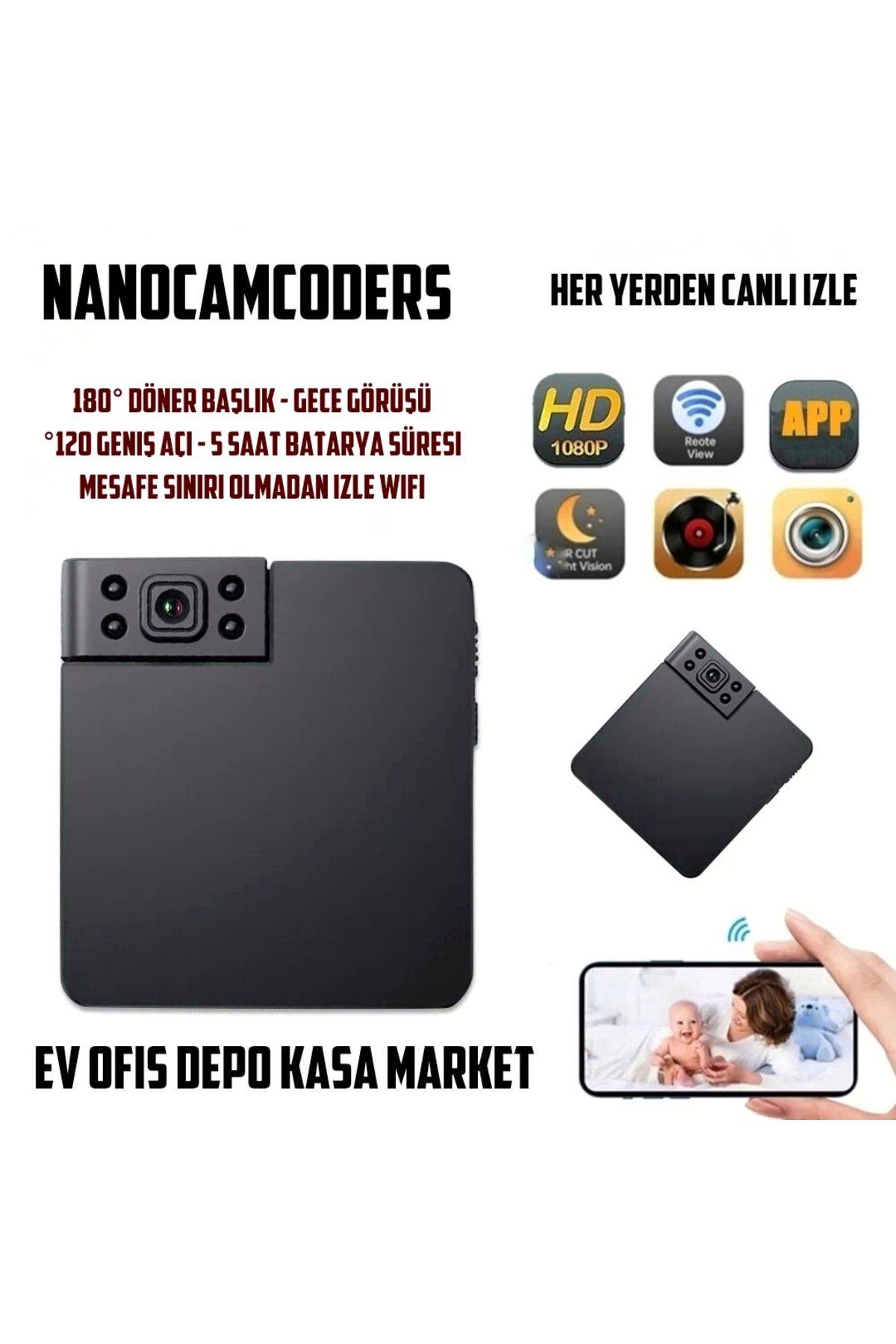 Nanocamcoders 1k ( 1080p ) Gizli Mini Wifi Güvenlik Kamerası Mikro Güvenlik Gizli Video Kamera Gece Görüşü - Md63