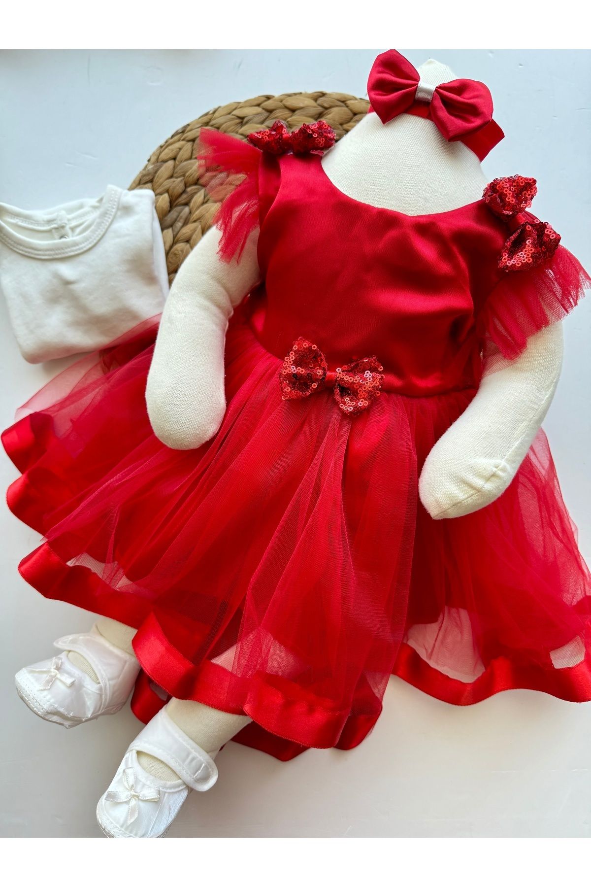 PİLEKİ BABY Kız Bebek ( 5 Parça ) 6 Ay Kınası Kırmızı Elbise , Kırmızı Kınalık Elbise Bebek Hediyelik