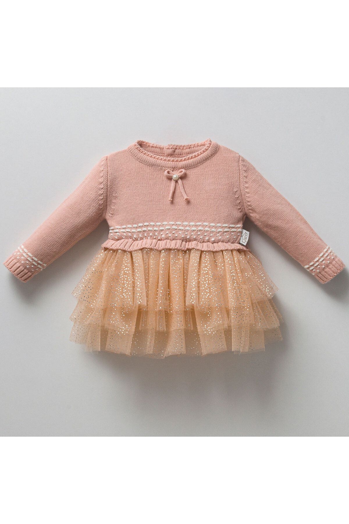 DIDuStore Desenli Detaylı Örgü Üstlü Şifon Etek Kız Bebek Elbisesi - Klasik ve Şık