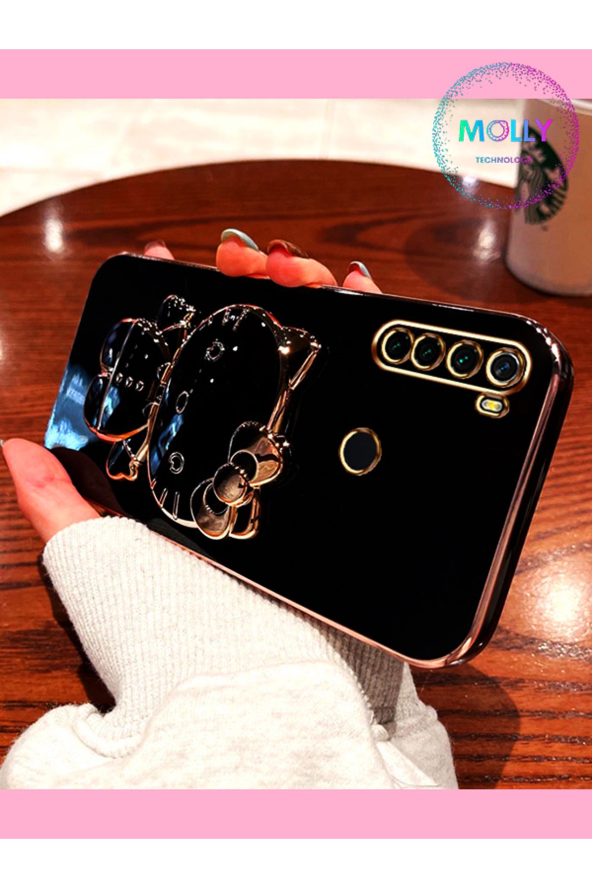Molly Xiaomi Redmi Note 8 İçin Siyah Hello Kitty Standlı Kenarları Gold Detaylı Lüks Silikon Kılıf