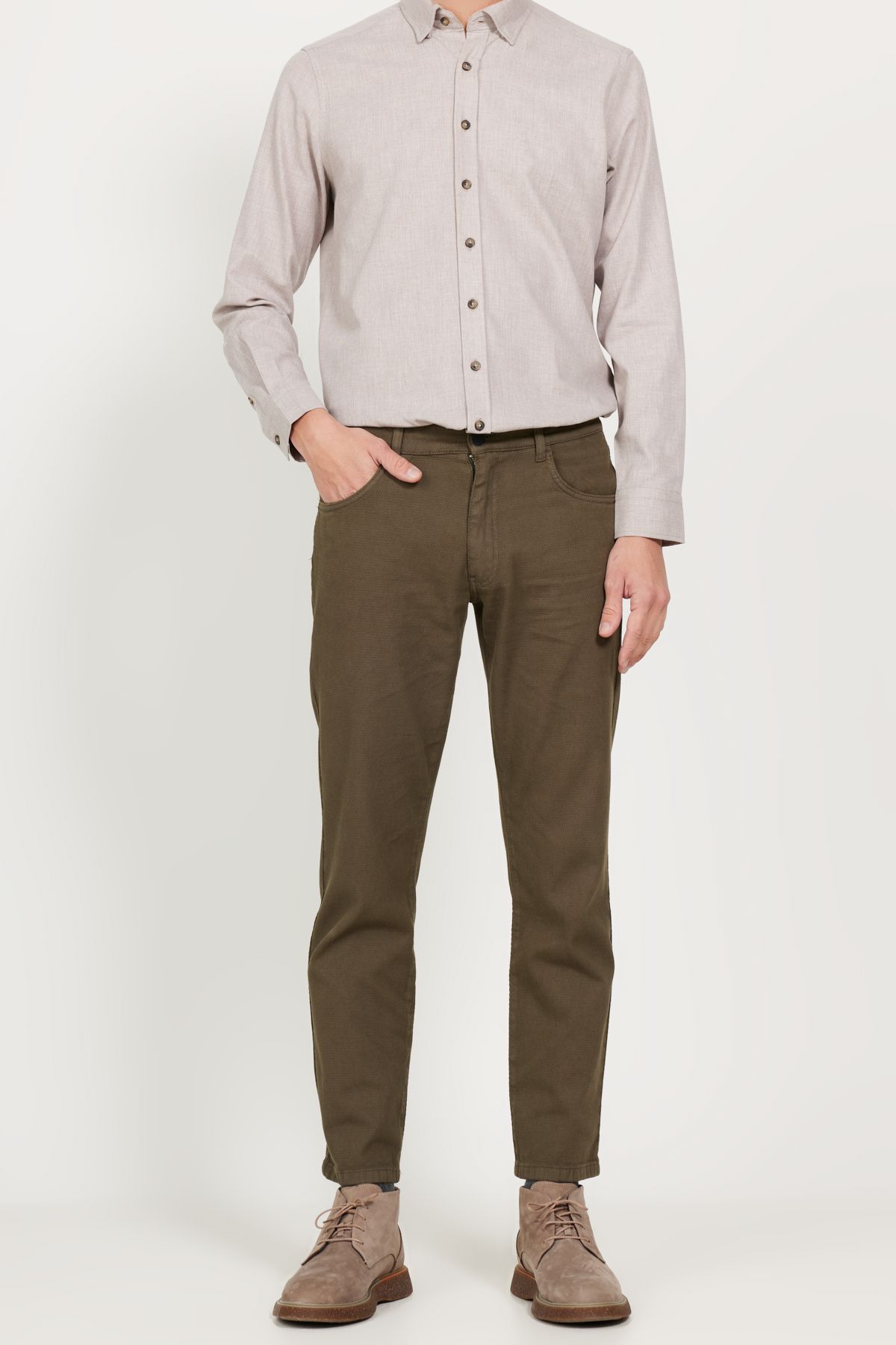 Altınyıldız Classics Erkek Haki Comfort Fit Rahat Kesim 5 Cep Armürlü Pamuklu Pantolon