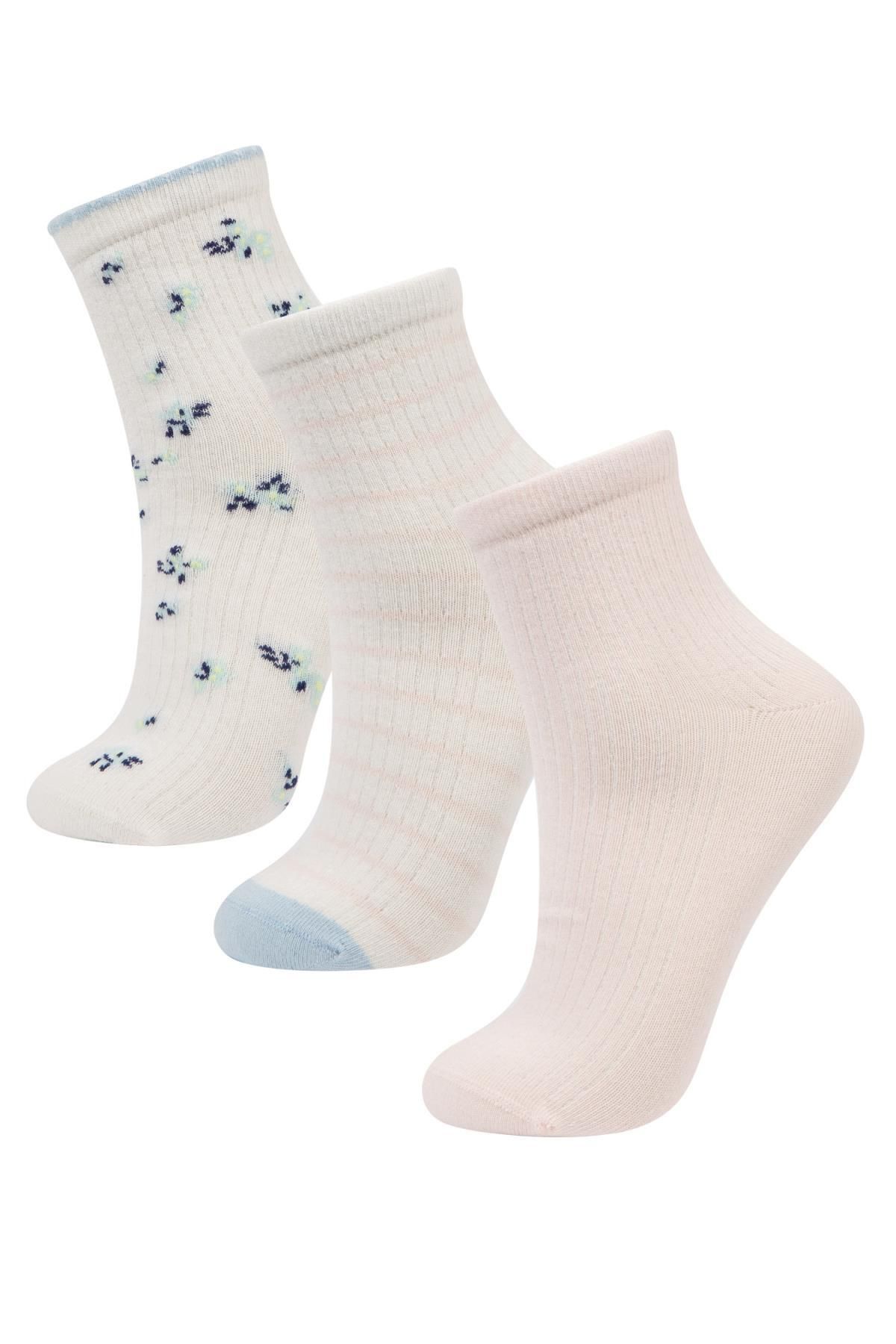Defacto Kadın Çiçek Desenli 3'lü Pamuklu Soket Çorap