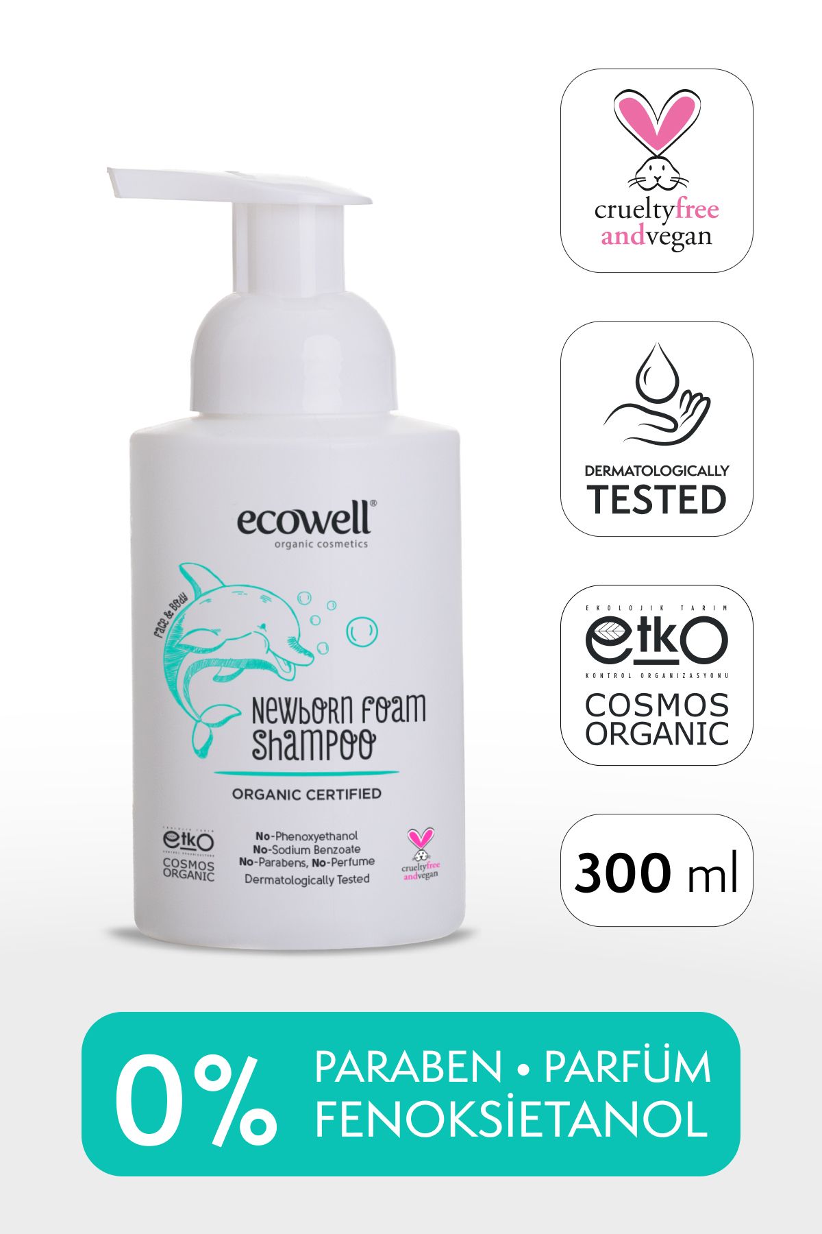 Ecowell Yenidoğan Bebek Saç ve Vücut Köpük Şampuanı Organik & Vegan Sertifikalı Konak Önleyici Kokusuz 300ml