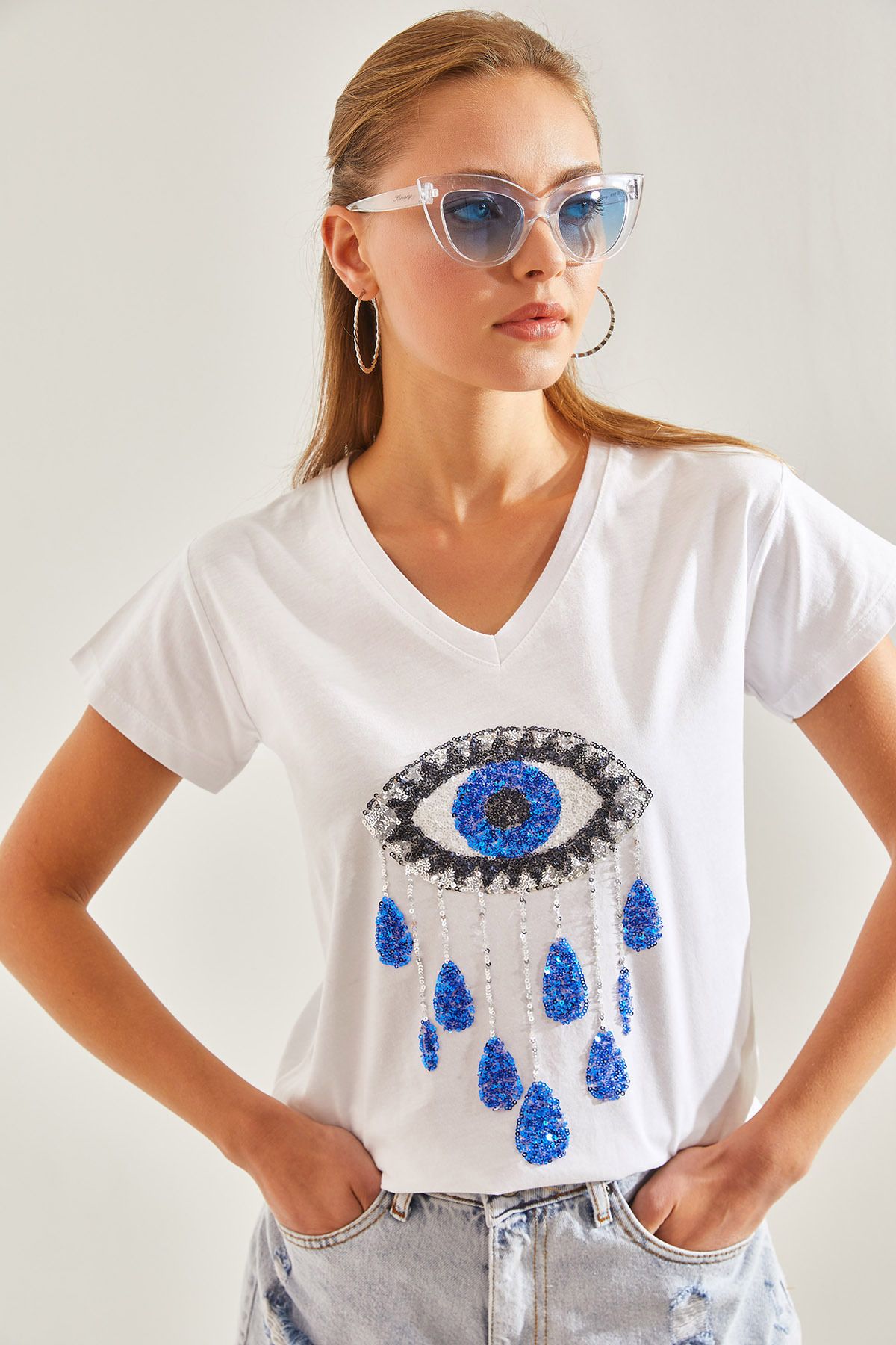 Bianco Lucci Kadın Göz Pul Nakış İşlemeli Penye Tshirt 60131013