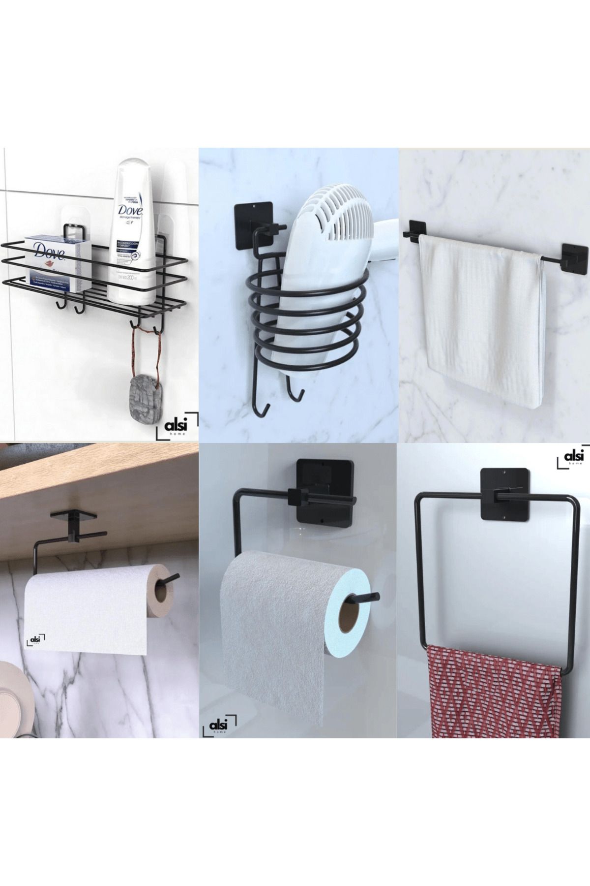 ALSİ HOME 6'lı Fön Makinesi Askısı Havluluk Wc/Tuvalet Kağıtlık Rulo Havluluk Şampuanlık Banyo Mutfak Seti