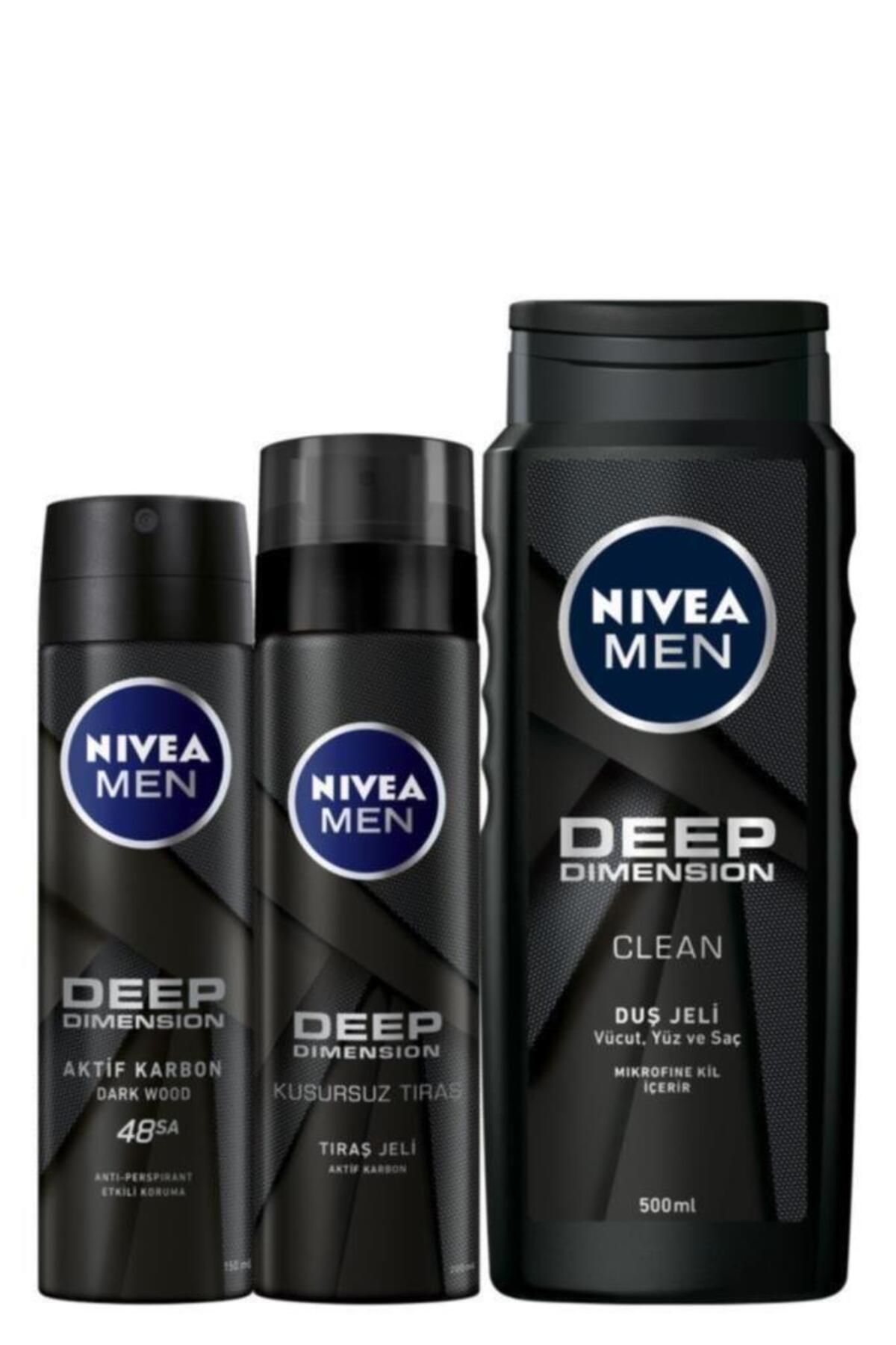 NIVEA MEN Erkek Deep Dimension Deo Sprey 150 ml Tıraş Jeli 200 ml Duş Jeli 500 ml