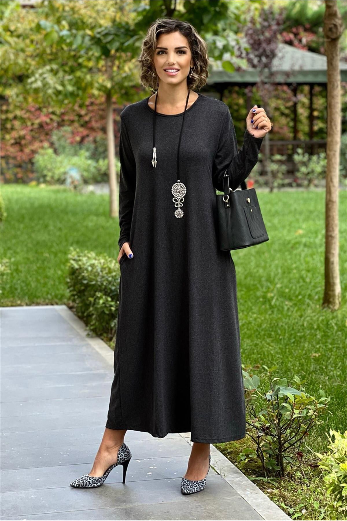 Nevin Kaya Moda Antrasit Angora Uzun Kol Yumuşacık Organik Yün Elbise