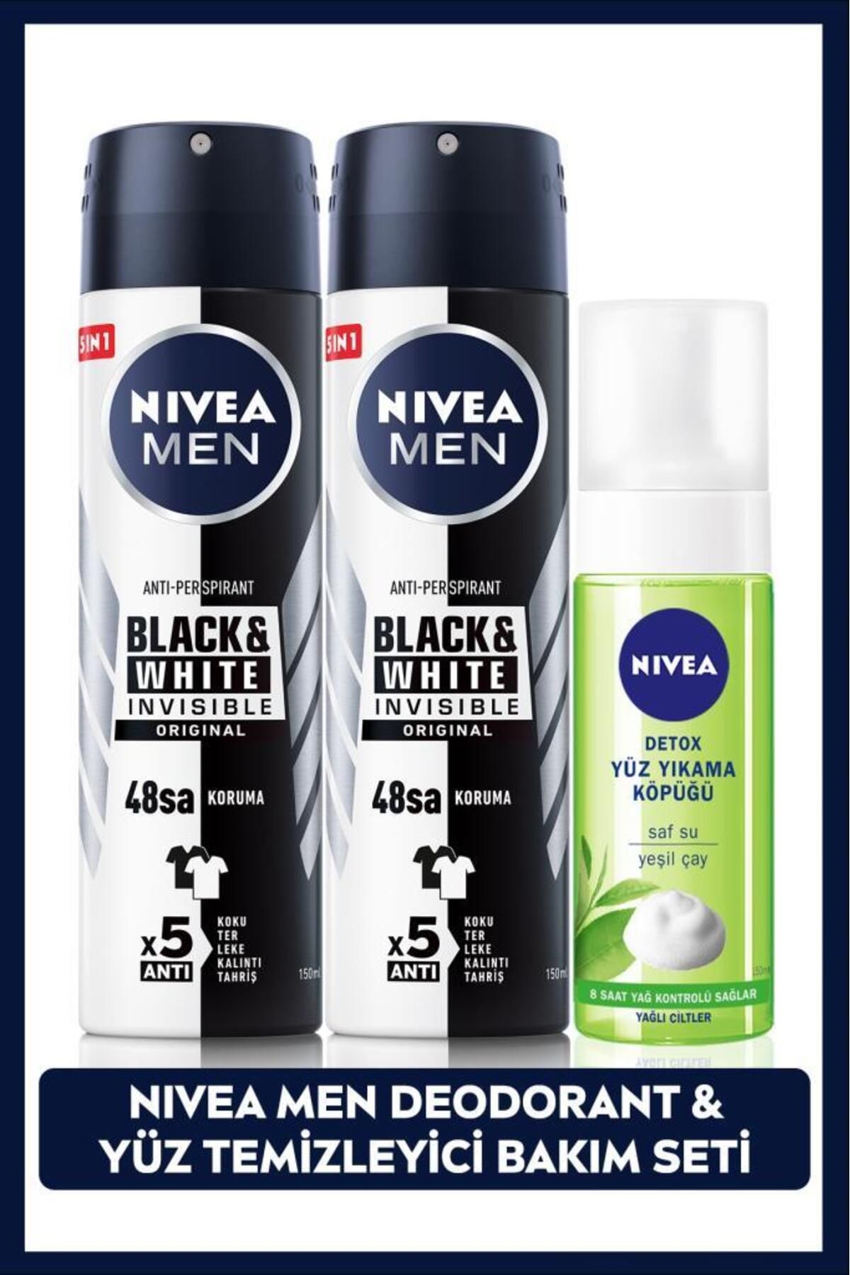NIVEA MEN Erkek Sprey Deodorant Black&White Invisible Original150ml X2 Adet ve Yüz Temizleyici Köpük 150ml