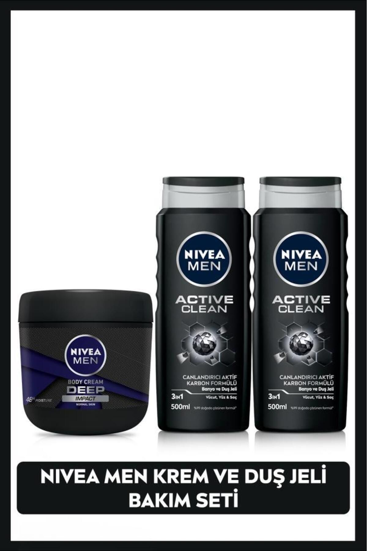 NIVEA MEN Active Clean Erkek Duş Jeli 500ml X2 Adet ve MEN Deep Impact Nemlendirici El Vücut Kremi 400ml