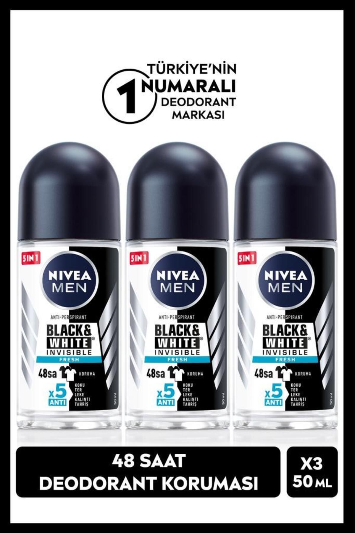 NIVEA MEN Erkek Roll-on Deodorant Black&White Fresh 50ml, 48 Saat Koruma, X3 Adet