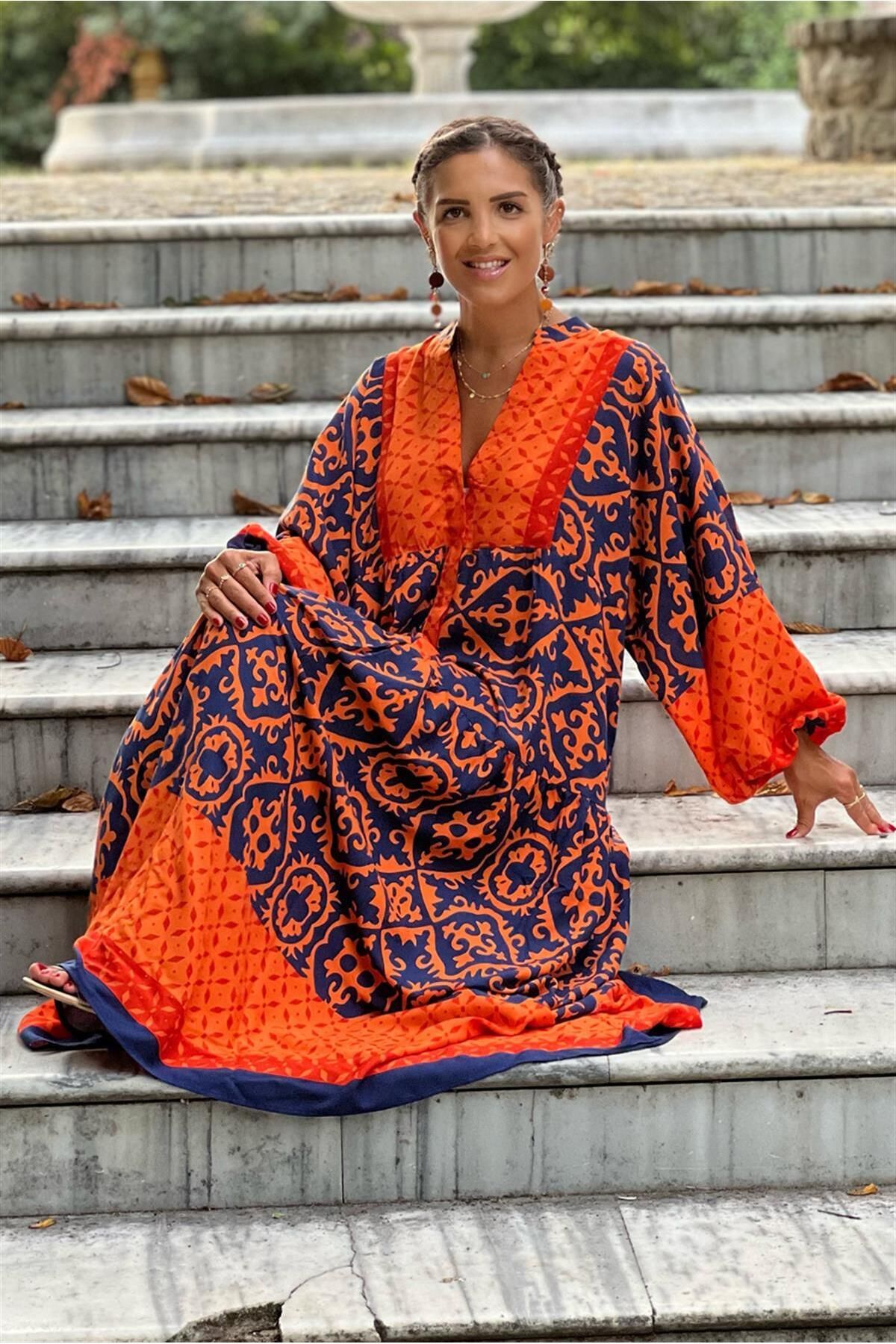Nevin Kaya Moda Oranj Destina Desen Uzun %100 Pamuklu Elbise