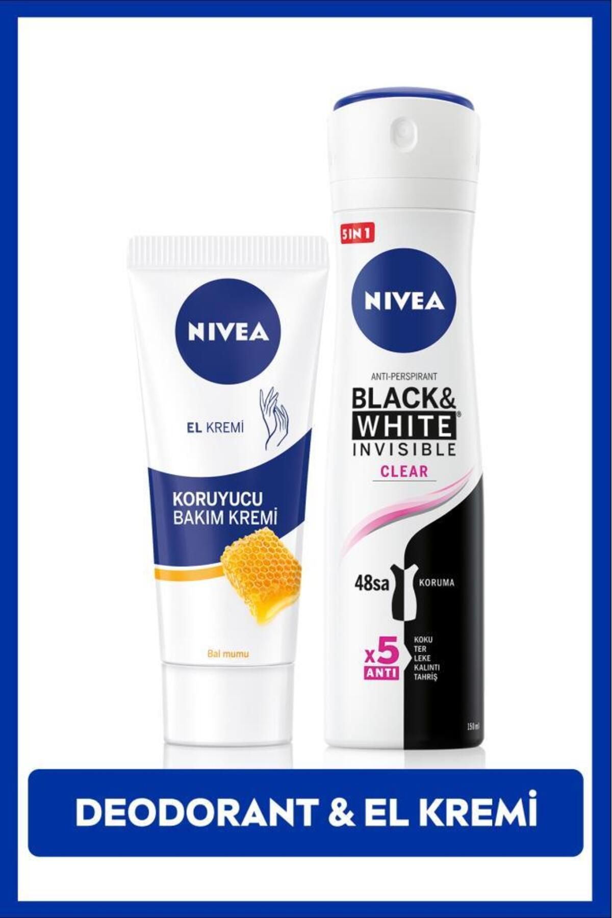 NIVEA Kadın Sprey Deodorant Black&White 150ml ve Nemlendirici Korucuyu El Bakım Kremi 75ml